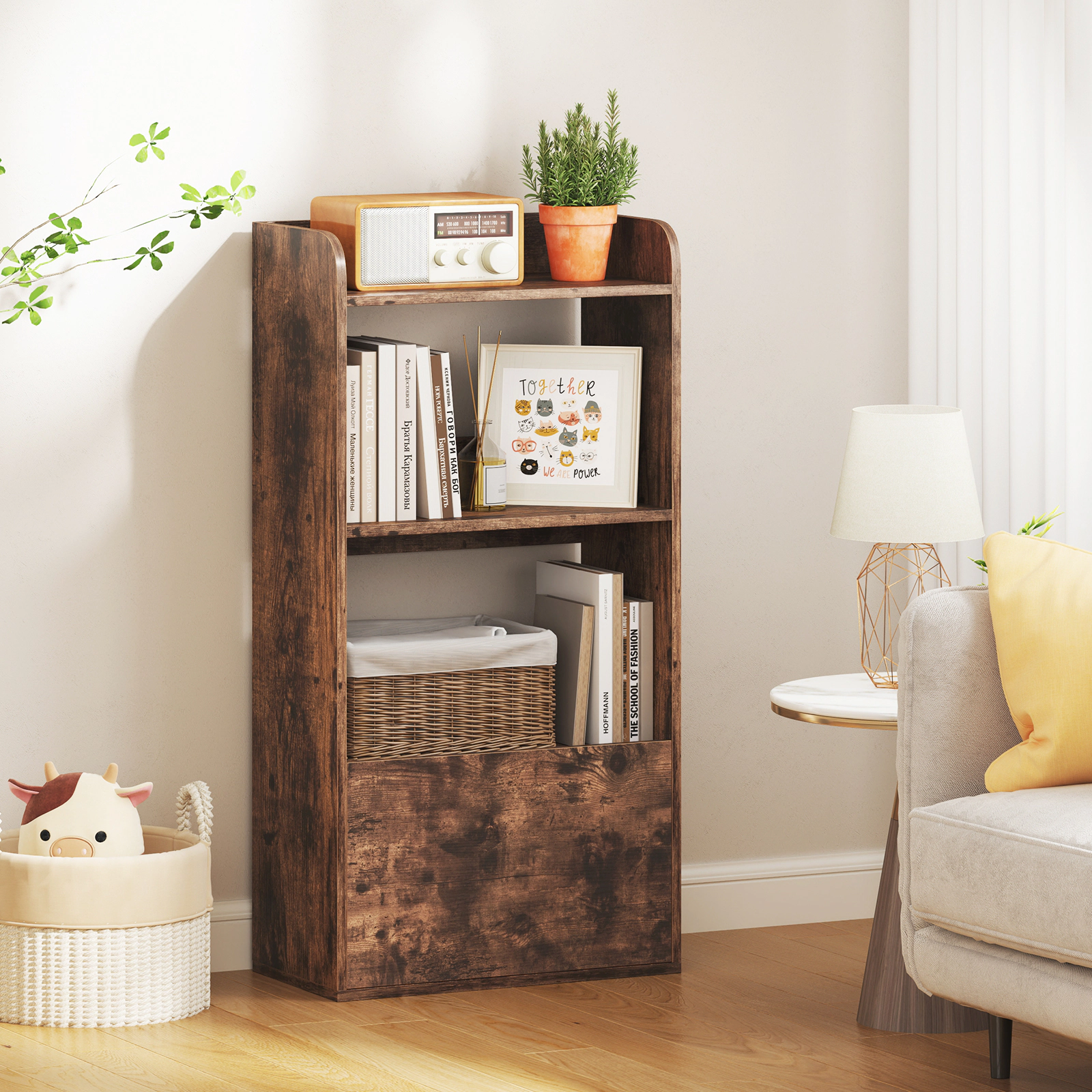 Costway 2PCS Bookcase w/ Drawer 3-Tier Open Shelf Anti-Toppling Kits for Living Room Coffee