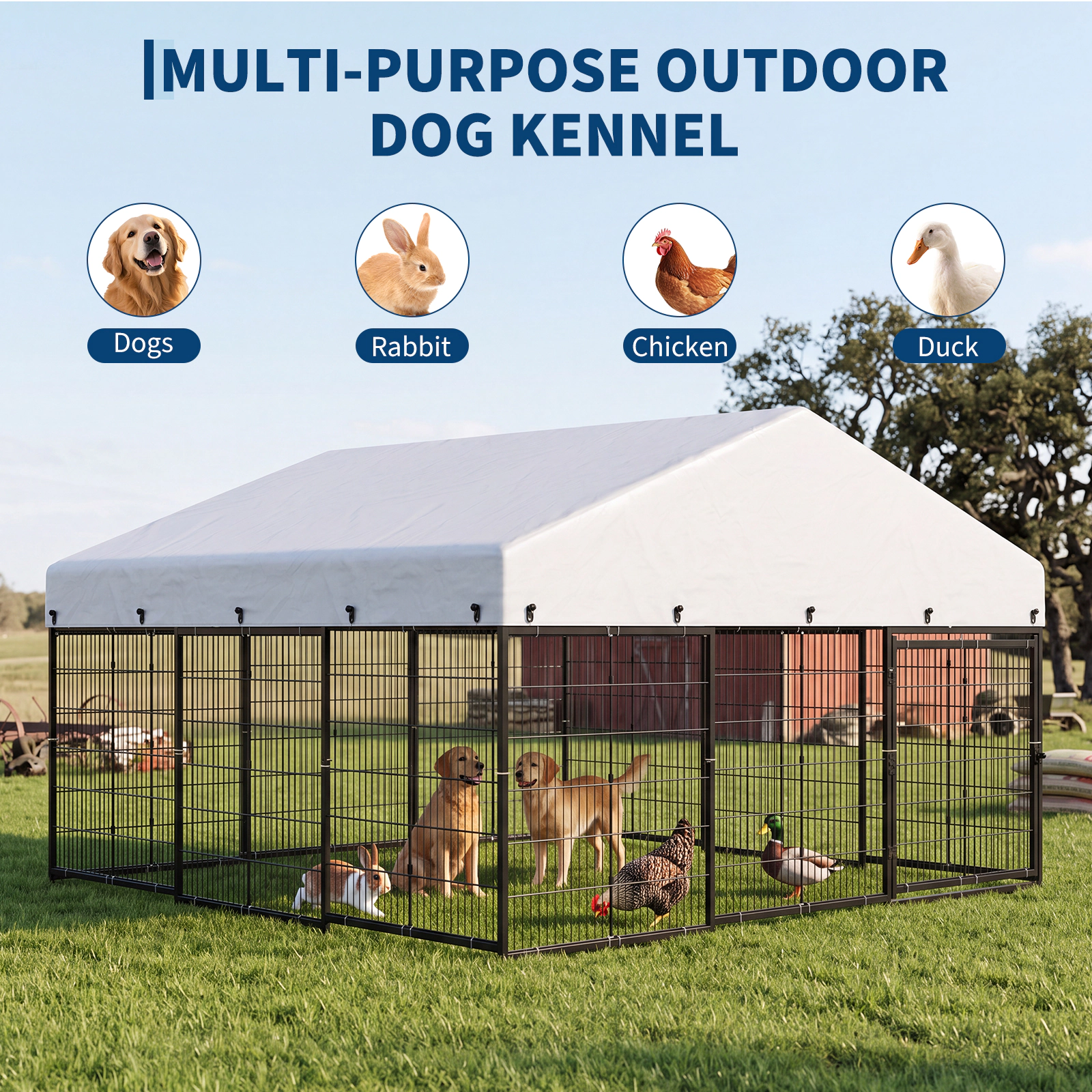 Petony Large Outdoor Dog Enclosure, Heavy Duty Galvanized Steel Cage with Roof & Double Safety Locks