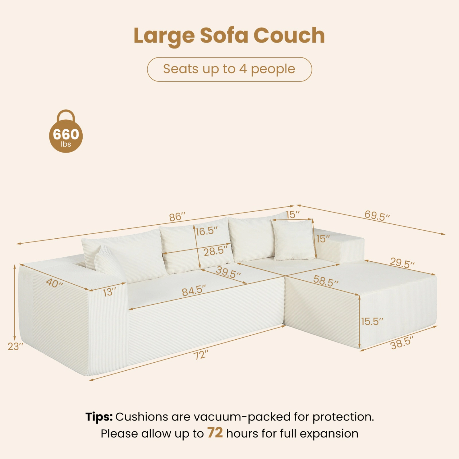 SUGIFT Modular Sectional Sofa Corduroy L-Shaped Couch with Deep Seats and Side Pillows