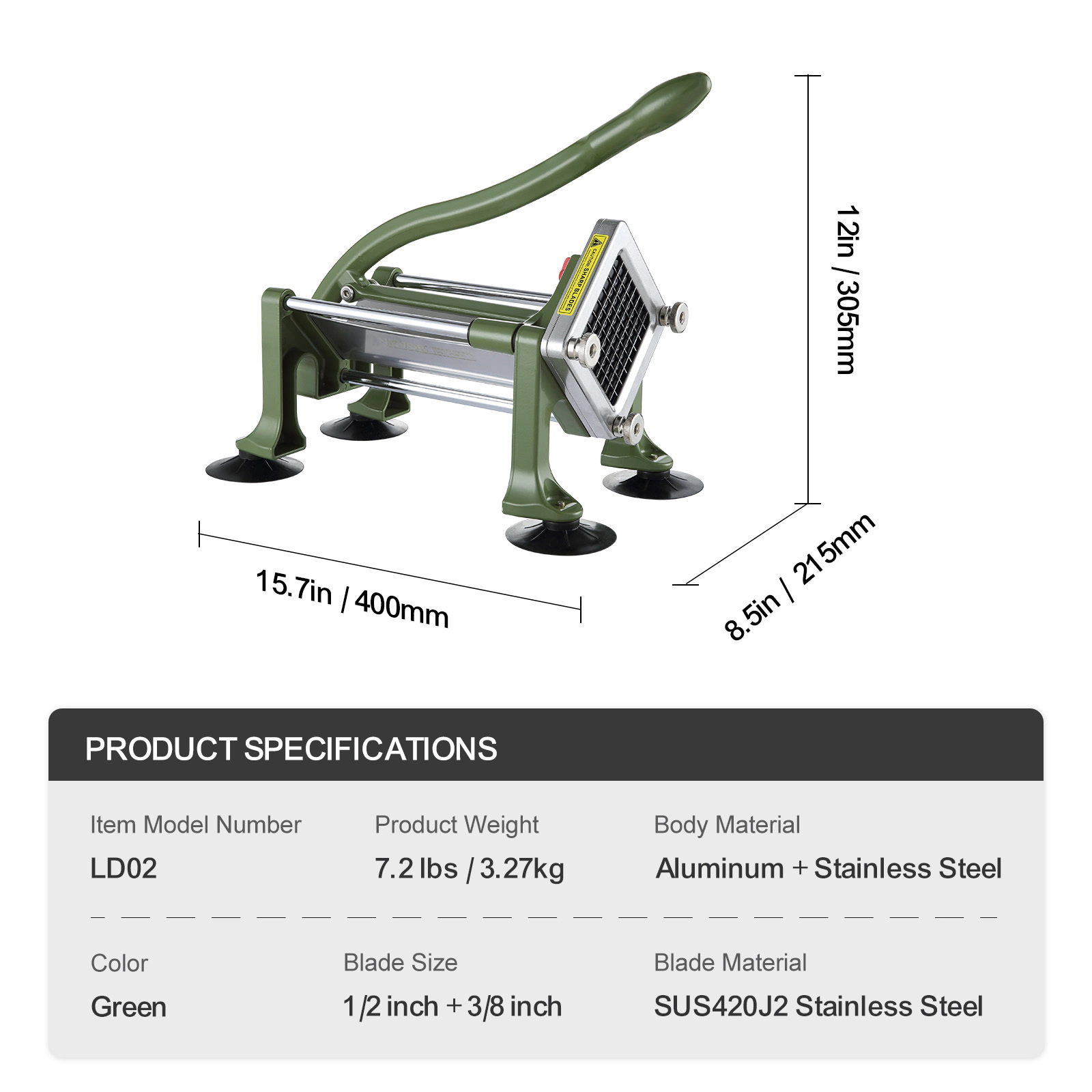 HONGGE French Fry Cutter, Potato Slicer with Stainless Steel Blades, Manual Cutter Chopper Suction Cups