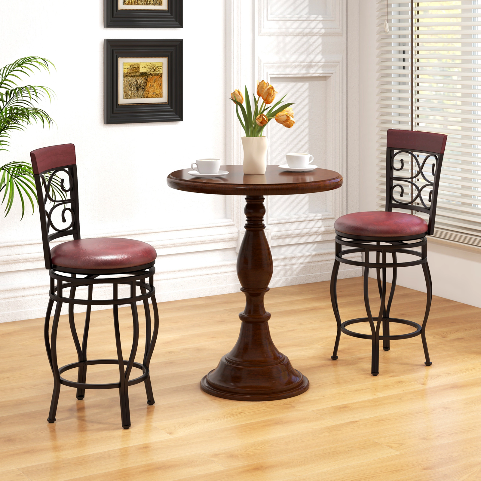 SUGIFT Set of 2 Scrolled Metal Frame and PU Padded Seat 26-in Seat H Swivel 300-lb Rated Bar Stools Brown