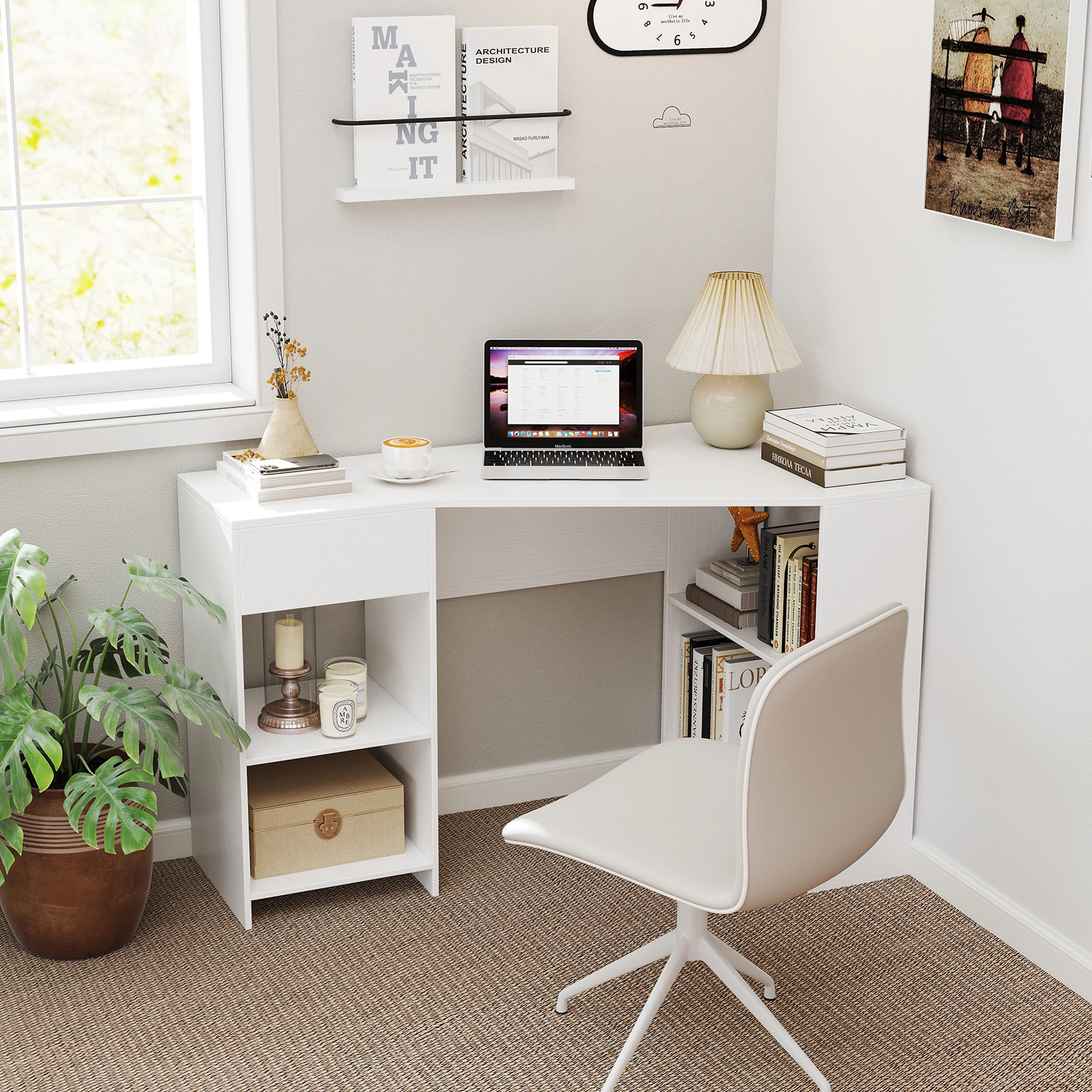 SUGIFT 48 in L Shaped Corner Desk White Executive Computer Desk with Drawer and Shelves