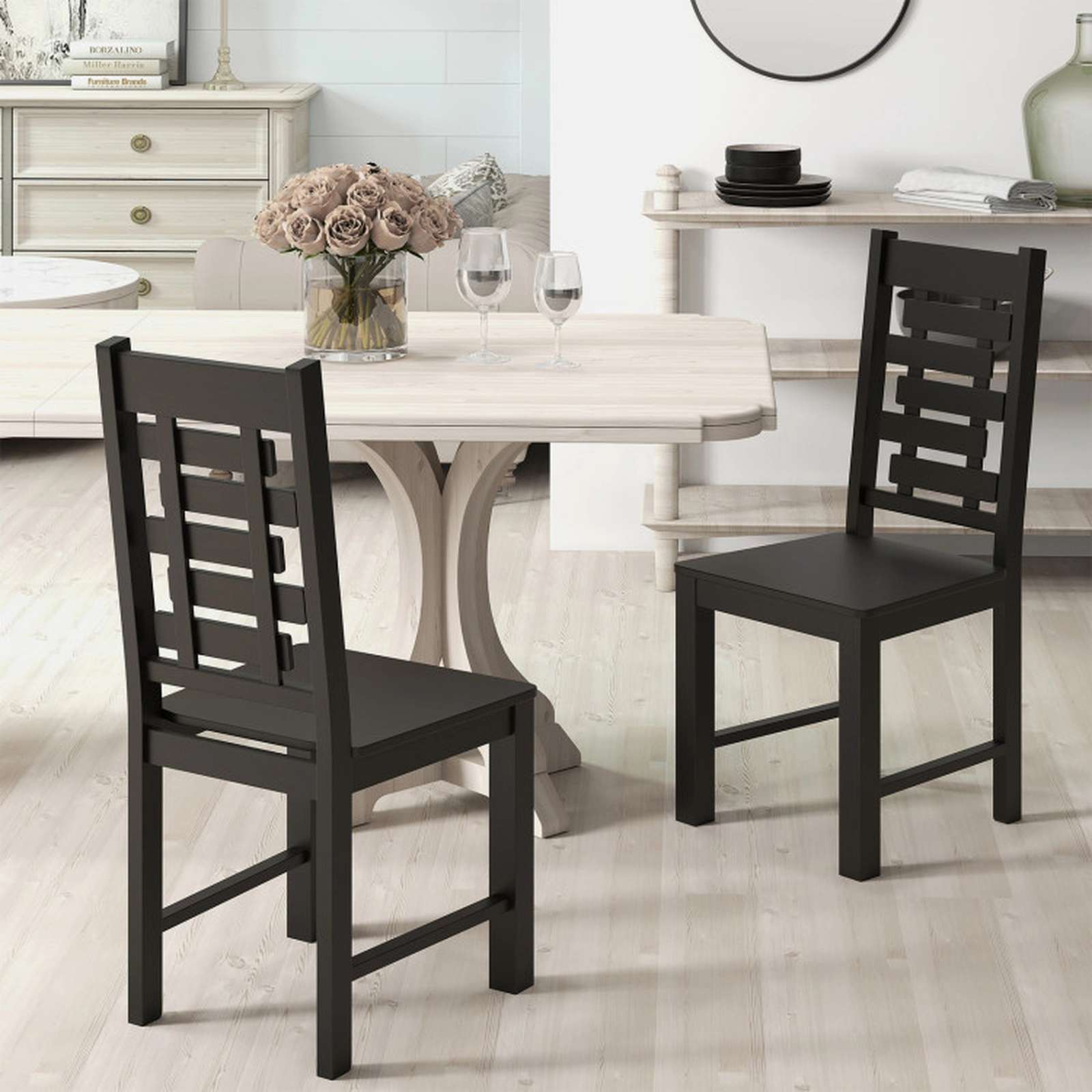 SUGIFT Set of 2 Solid Rubber Wood Mid-Century Dining Chairs, Black