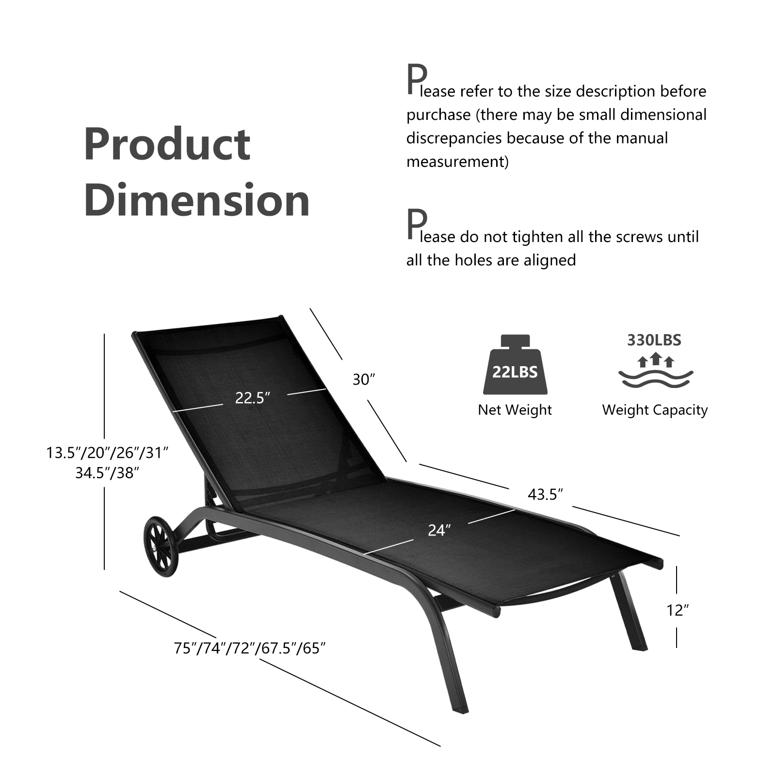 LJG 6-Position Adjustable Outdoor Chaise Recliner with Wheels