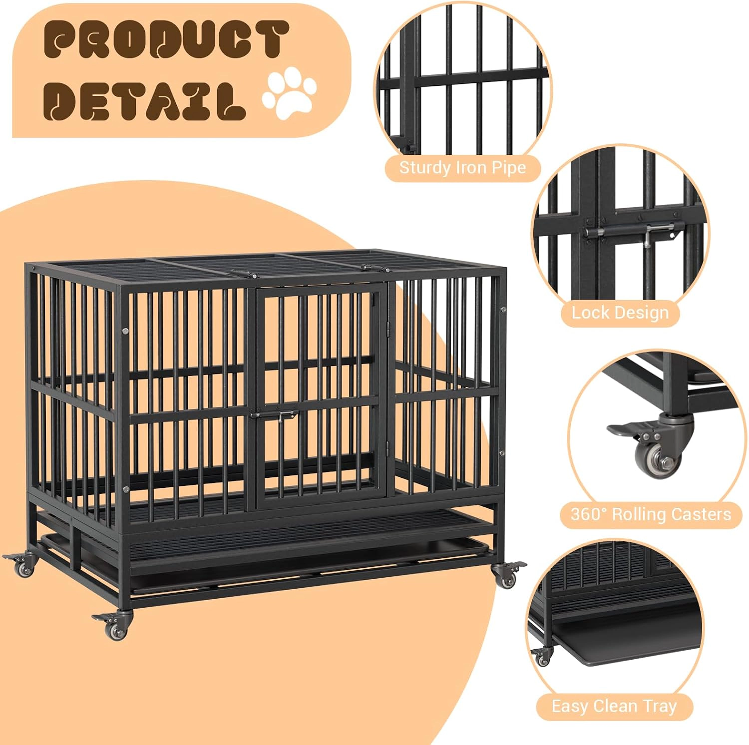 37 Inch Heavy-Duty Foldable Metal Dog Crate, Pet Kennel with Removable Waste Tray