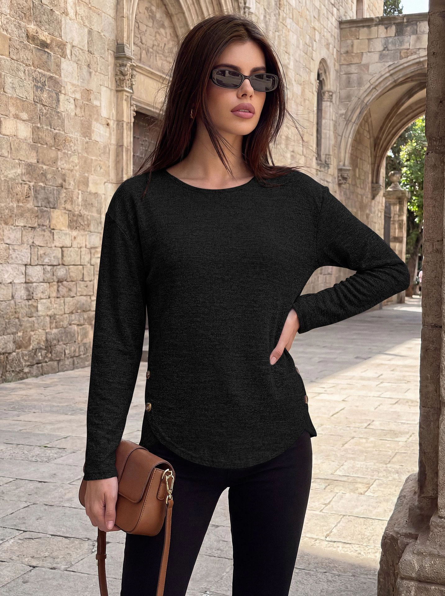Enchanted Funland Womens Crew Neck Heather Knit Long Sleeve Side Button Tops