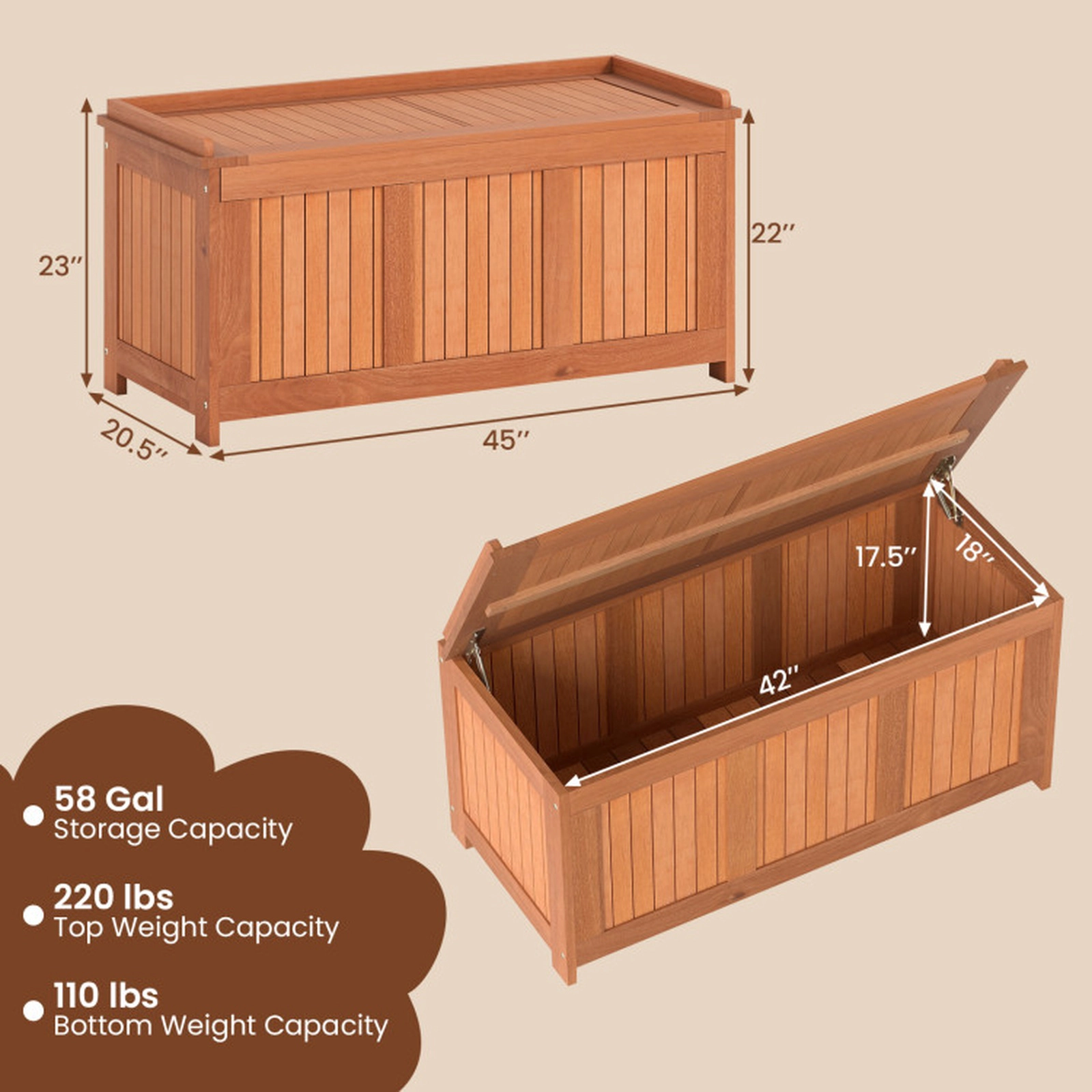 SUGIFT 52-Gallon 3-in-1 Solid Wood Patio Deck Storage Box and Coffee Table 220-lb Top 110-lb Bottom Capacities Teak