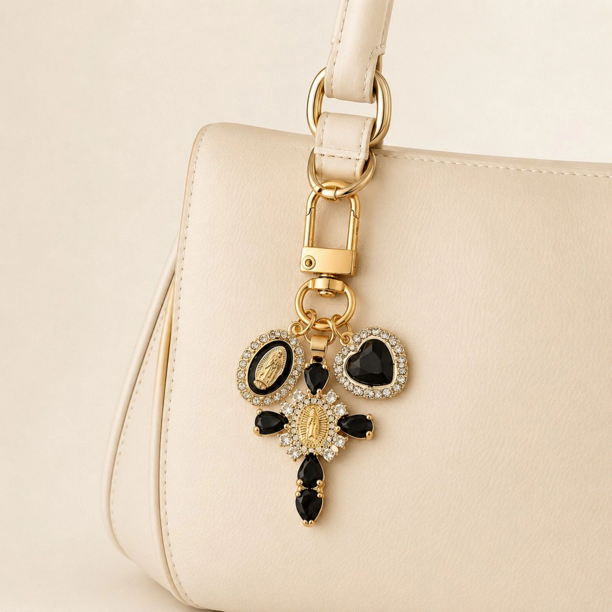 Alilang Women's 3pc Cross Keychain Bag Charm with Rhinestone Heart Pendant and Medallion Accent