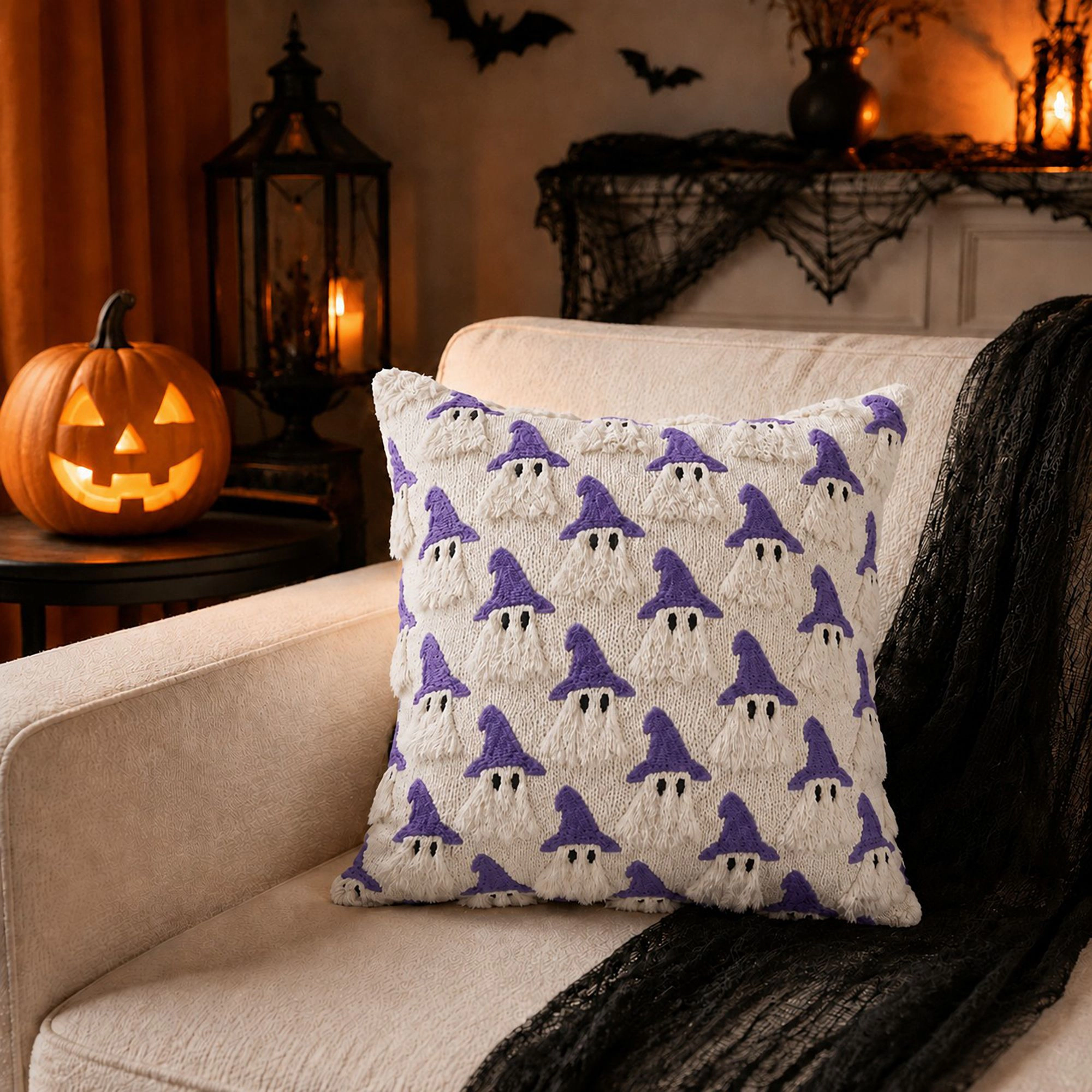 Alilang Halloween Tufted Witch Ghost Decorative Throw Pillow Cover