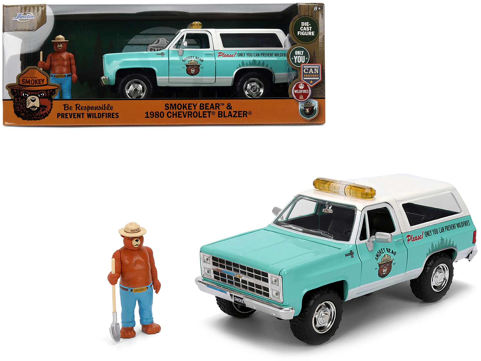 Jada 1980 Chevrolet Blazer Light Green with White Top and Graphics and Smokey Bear Diecast Figure "Smokey