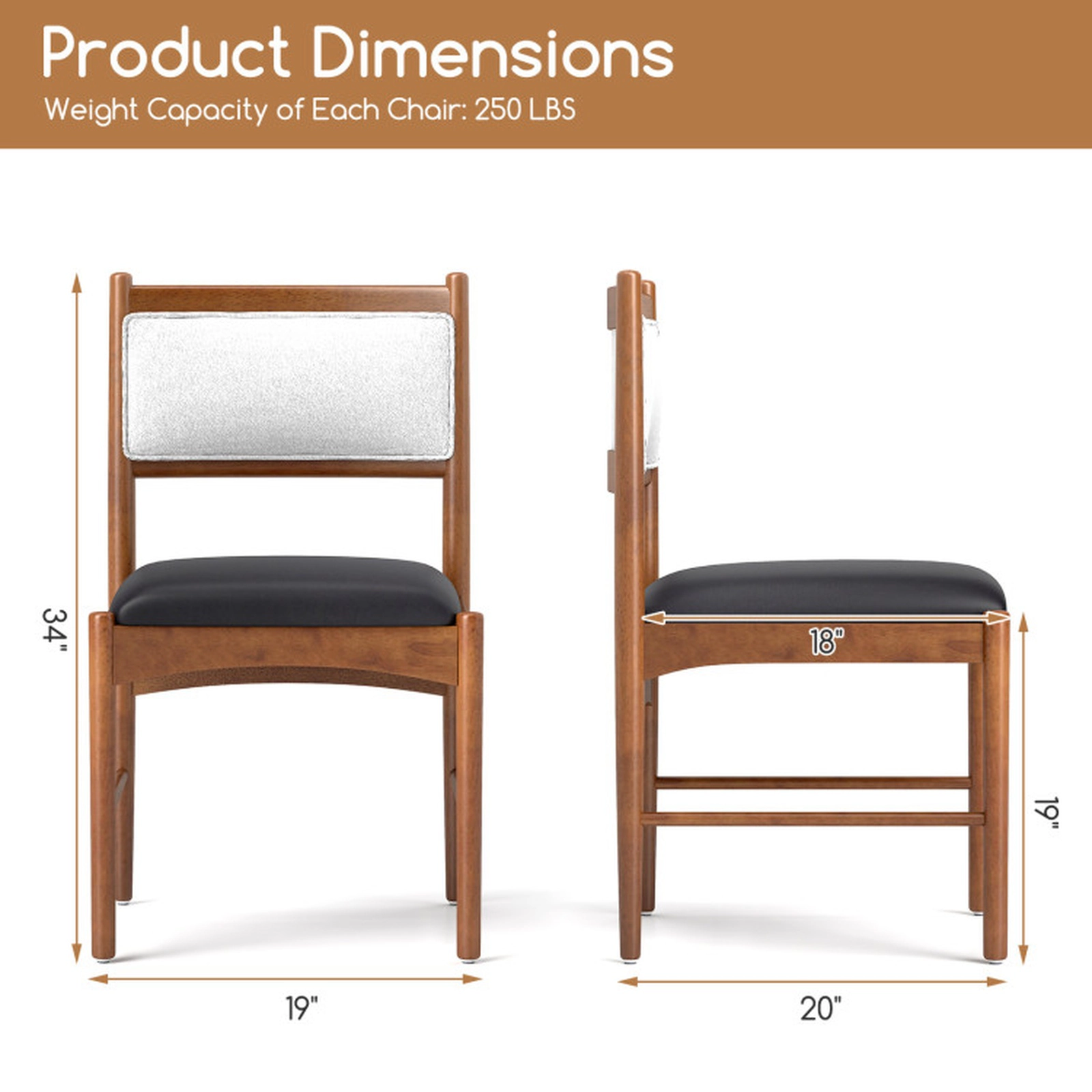 SUGIFT Walnut Wooden Rubber Wood Frame Faux Sherpa Backrest Set of 2 Dining Chairs