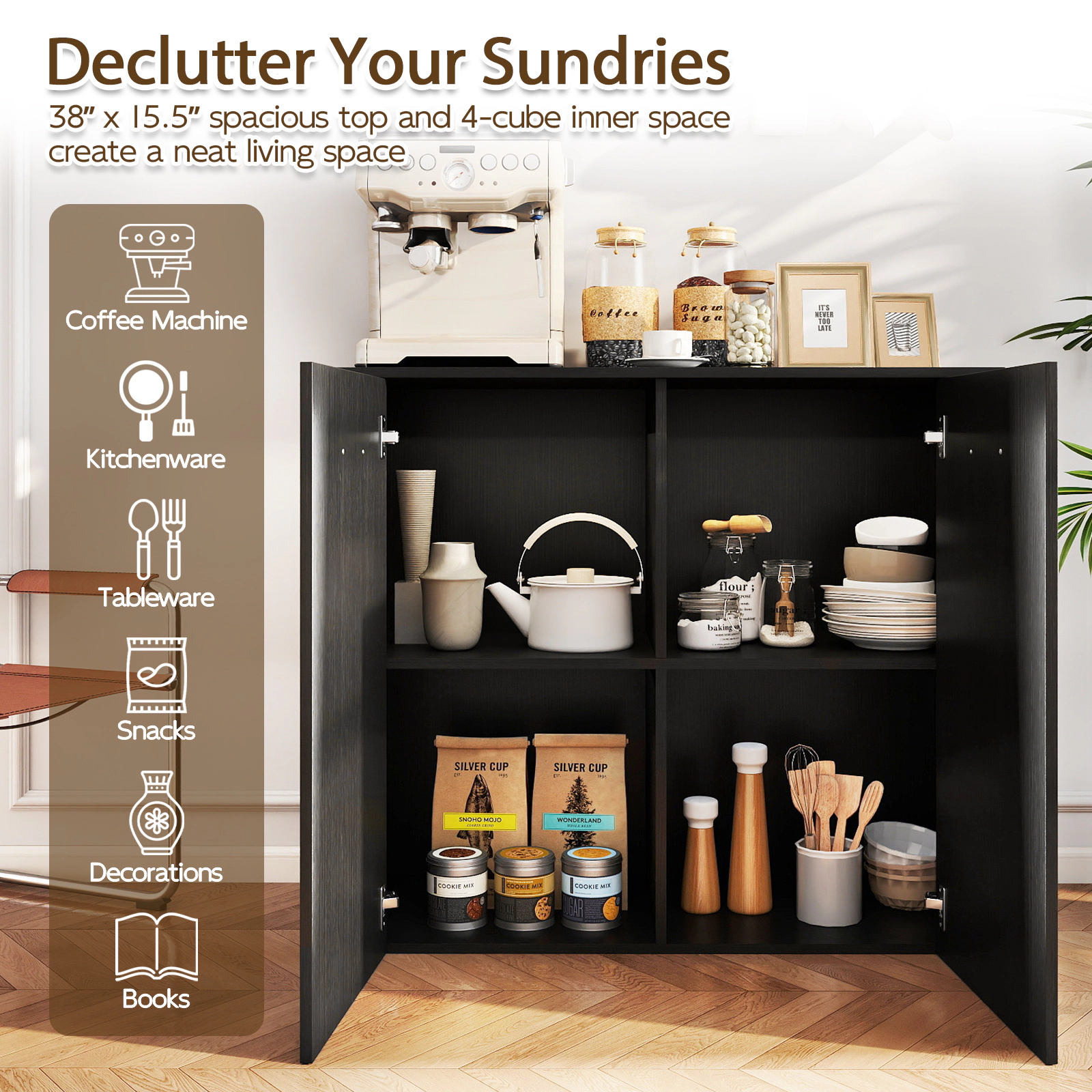 SUGIFT 38-in Black Coffee Bar Buffet Sideboard Cabinet with 4 Cube Storage and Doors for Dining Room