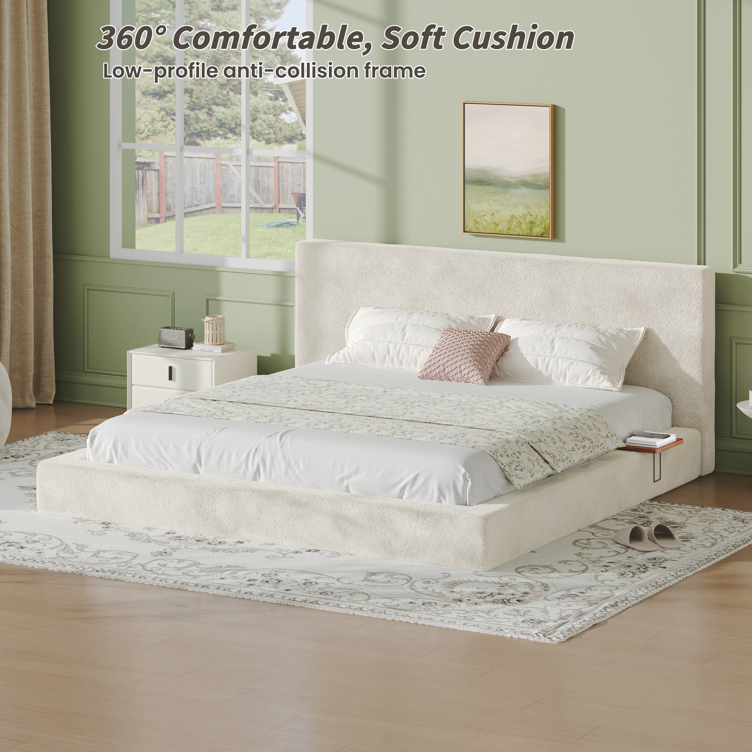 Flynama King AirFrame Bed with Sliding Side Table, 8.7" Cloud Cushion, Off-White