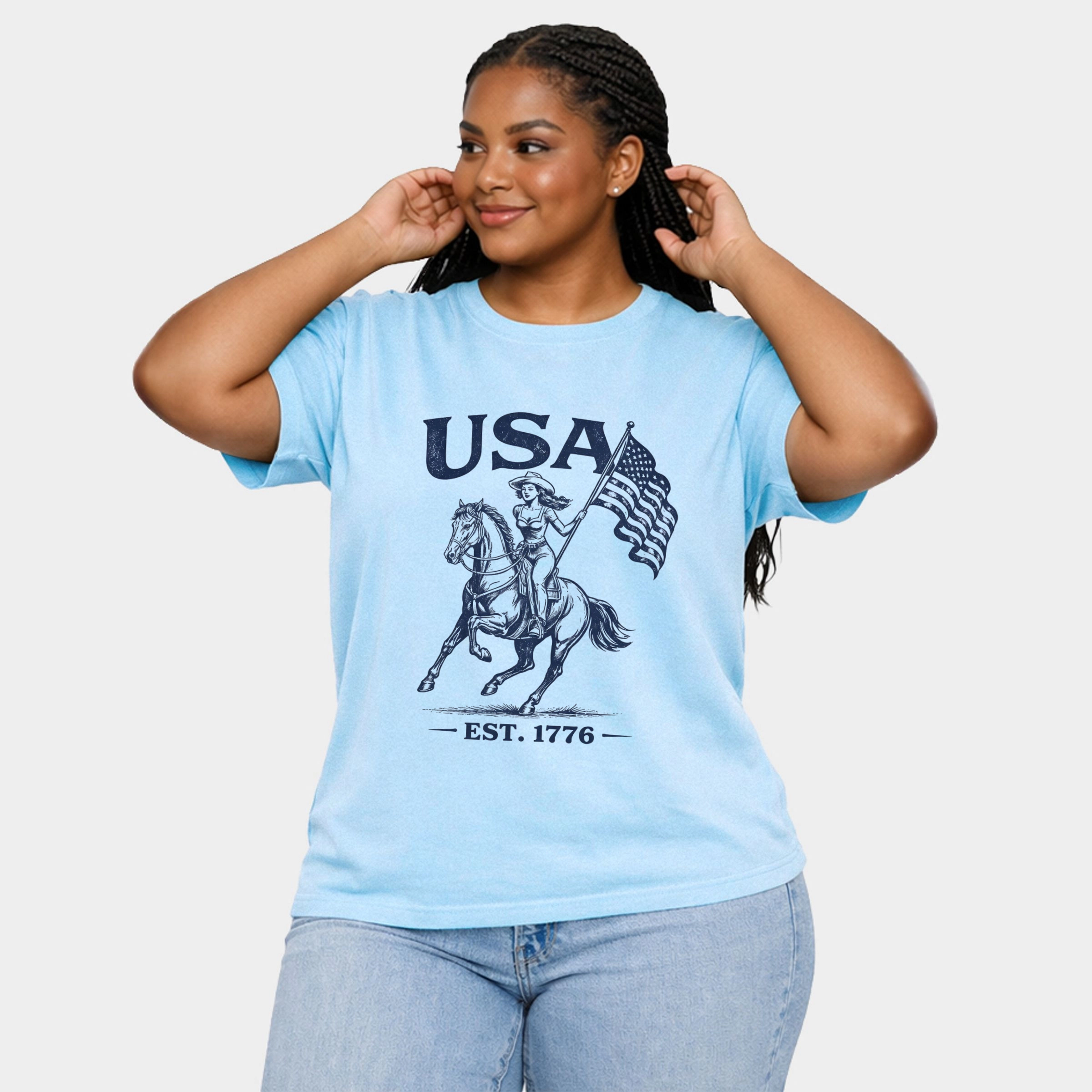 Simply Sage Market - USA Cowgirl Flag Women's Plus Sized Garment Dyed Graphic T-Shirt