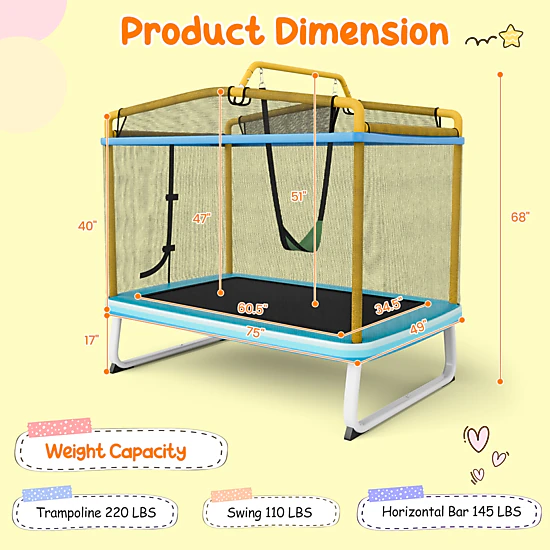 SUGIFT Kids 6-ft Rectangle Trampoline with Enclosure Net Swing and Horizontal Bar 75-in W 49-in D Orange