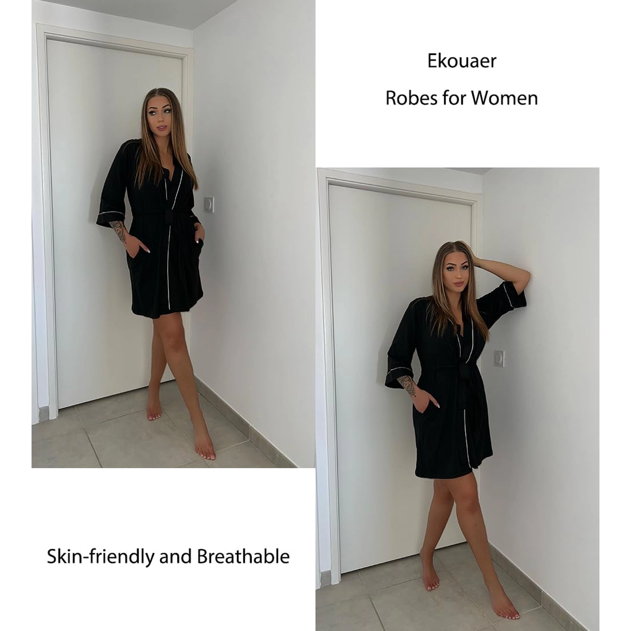 Ekouaer Womens Robes Knee Length Knit Kimono Bathrobe Three Quarter Sleeve Sleepwear V neck Ladies