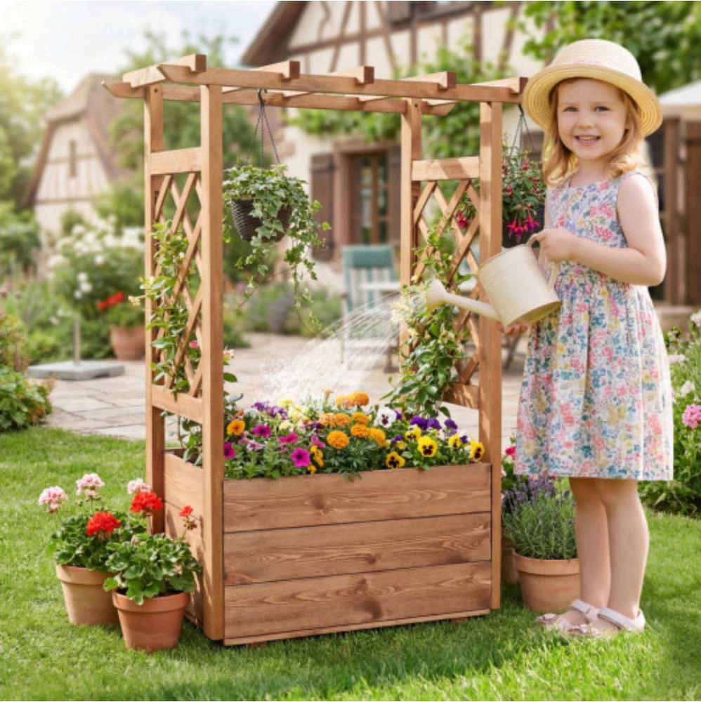 Hivvago Wooden Raised Garden Bed Elevated Planter Box with Hanging Roof