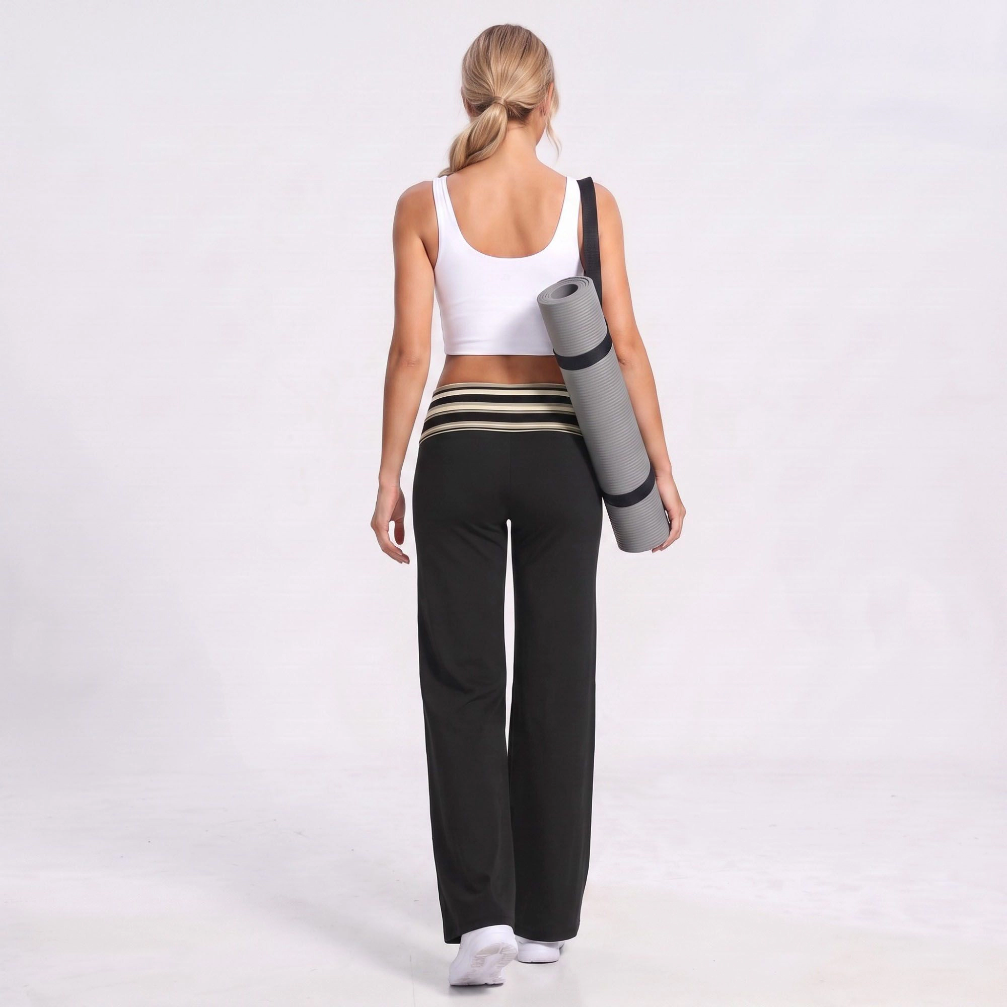 Anna-Kaci Women's Striped Foldover Waist Wide-Leg Yoga Pants Full-Length Flowy Workout Trousers