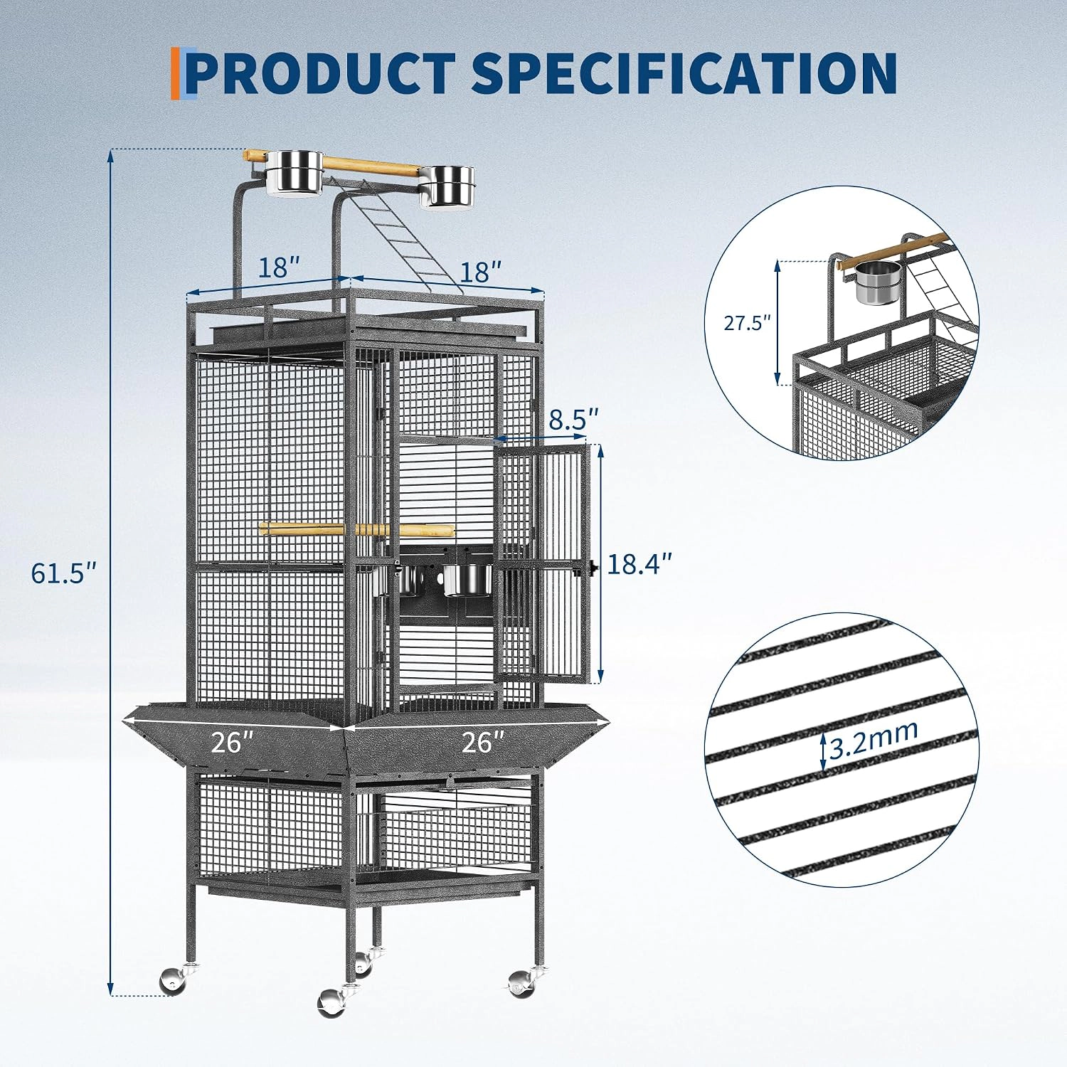Large Rolling Metal Parrot Bird Cage 154.9cm Total Height, Play Top Pet Bird House, Burst Silver