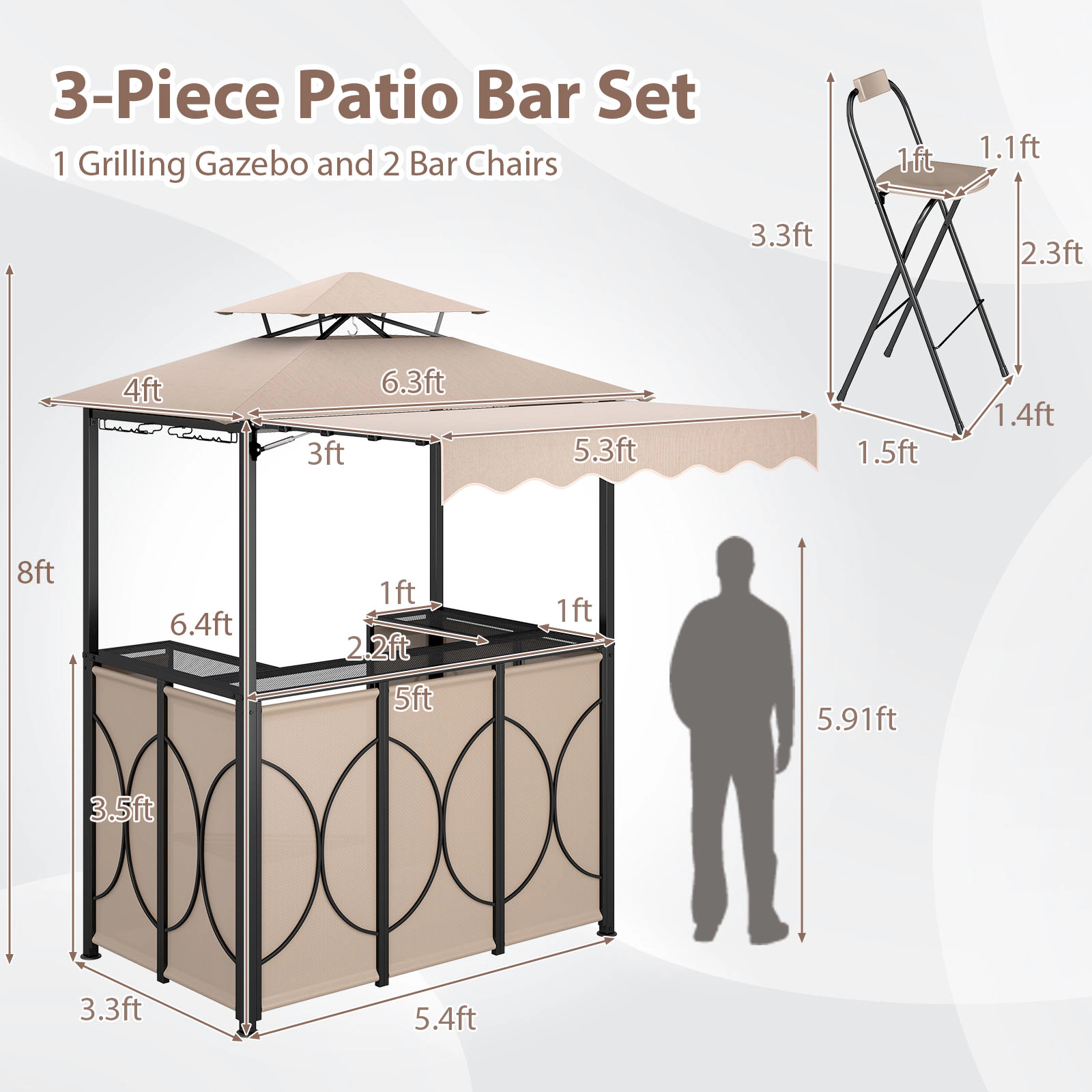 SUGIFT Grill Gazebo Coffee 3-Piece BBQ Canopy with Awning Bar Table and 2 Chairs