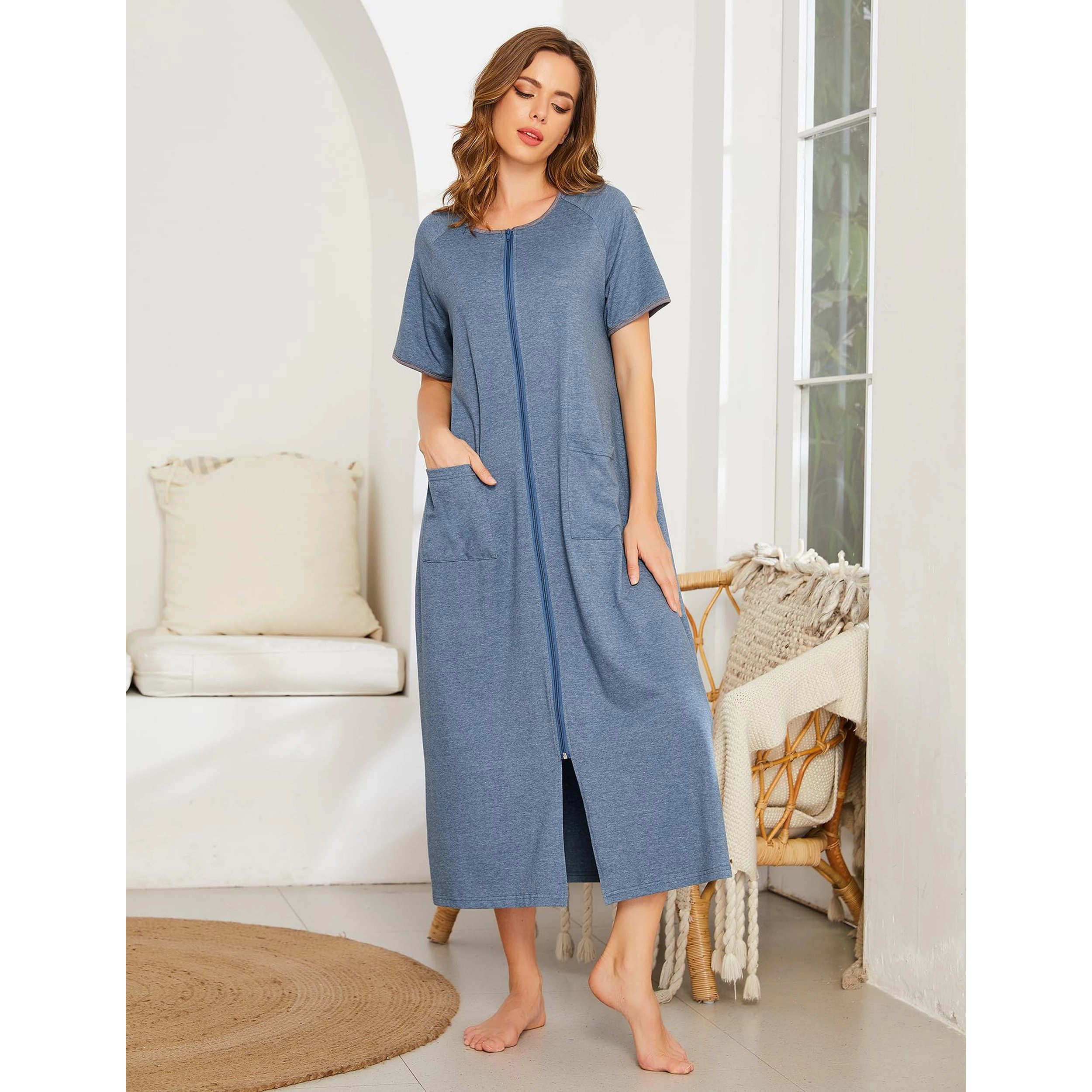 Ekouaer Women Robes Zipper Front Short Sleeve Full Length Housecoat with Pockets Loungewear