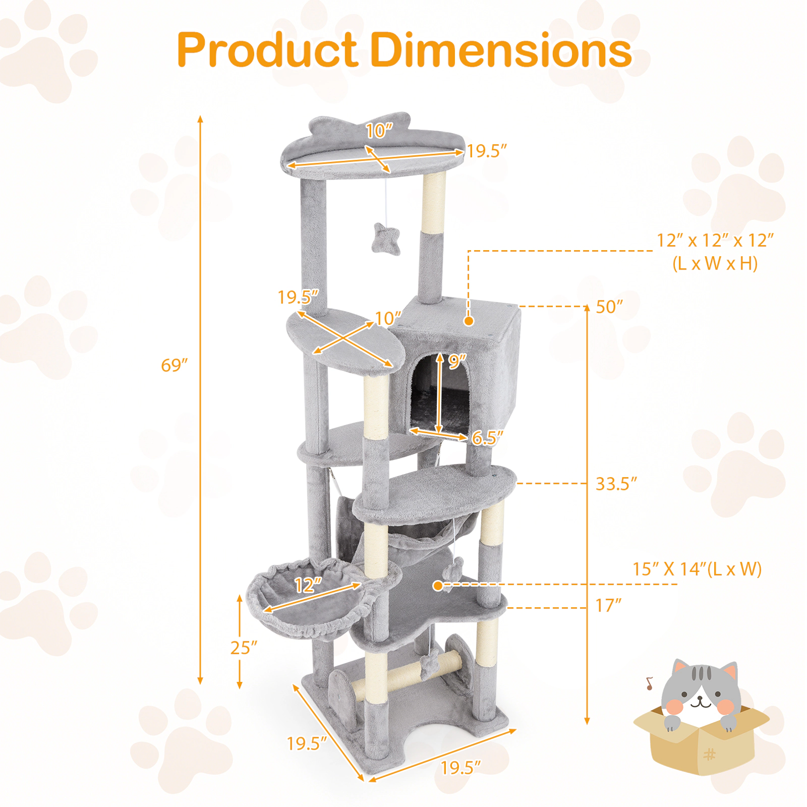 SUGIFT 69-in Multi-level Cat Tree with Top Perch Condo Hammock Basket and Toys 11-lb Capacity Gray + Orange