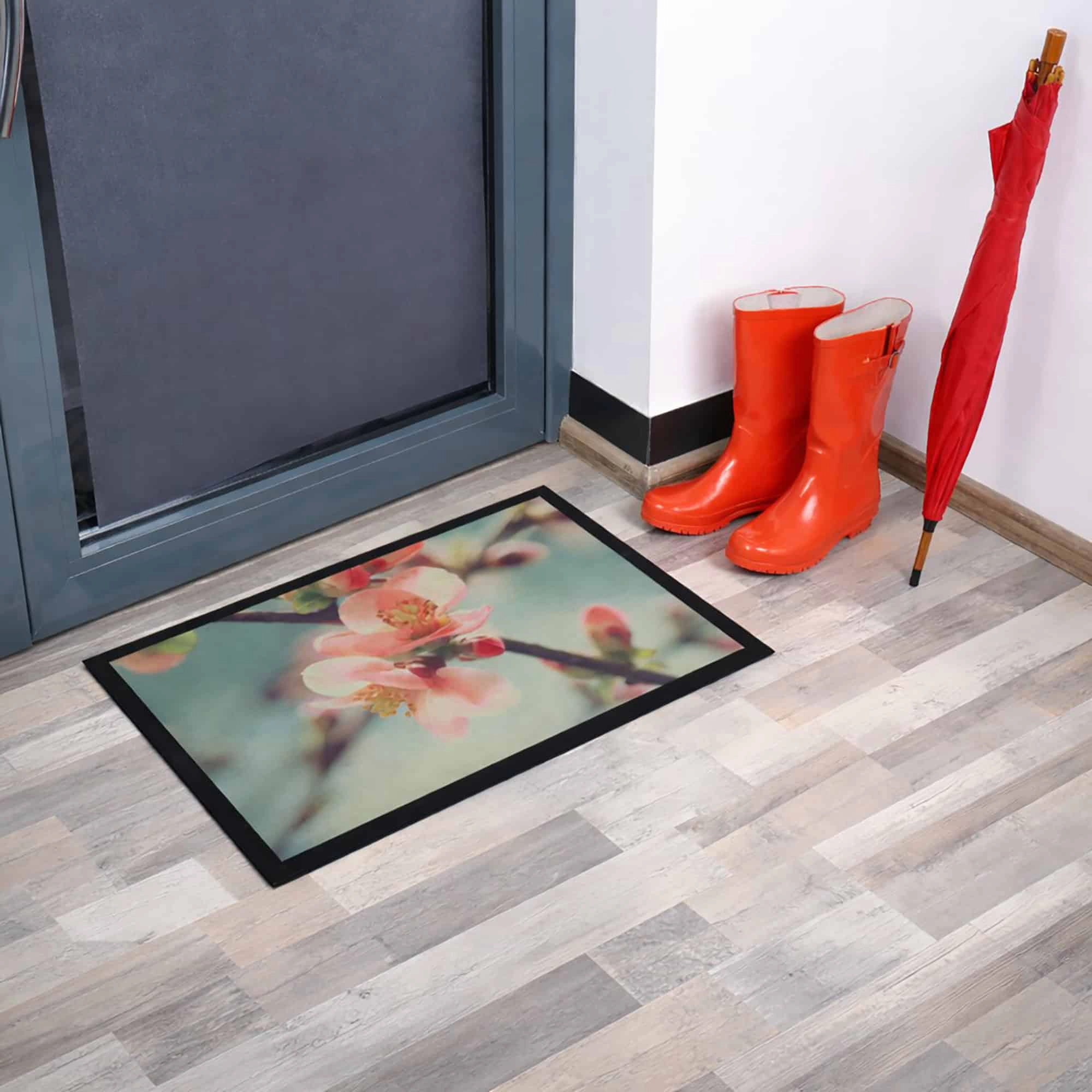 Evideco French Home Goods Pink and Green Orchid PVC Doormat 24 x 16 Inches