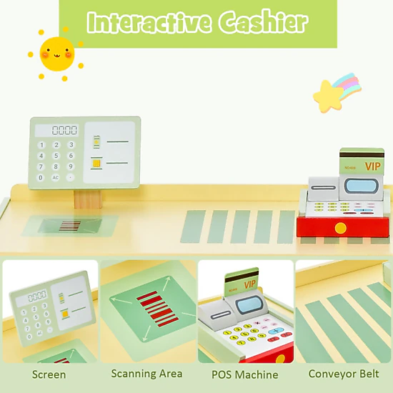 Hivvago Kids Wooden Supermarket Play Toy Set With Checkout Counter