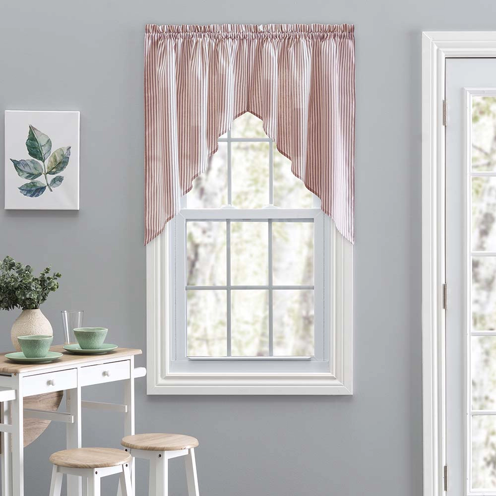 Ellis Curtain Plaza Classic Ticking Stripe Printed on Natural Ground 1.5" Rod Pocket Tailored Swag 56" x 36" Brick