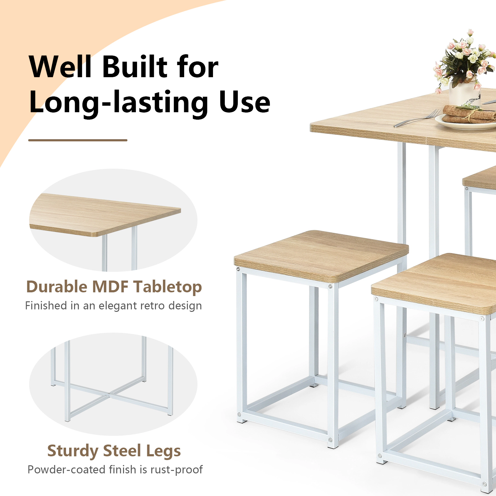 SUGIFT 5-Piece Steel Frame Square Table 4 Stools Compact Dining Set 31-in x 31-in x 30-in 150-lb Capacity Natural