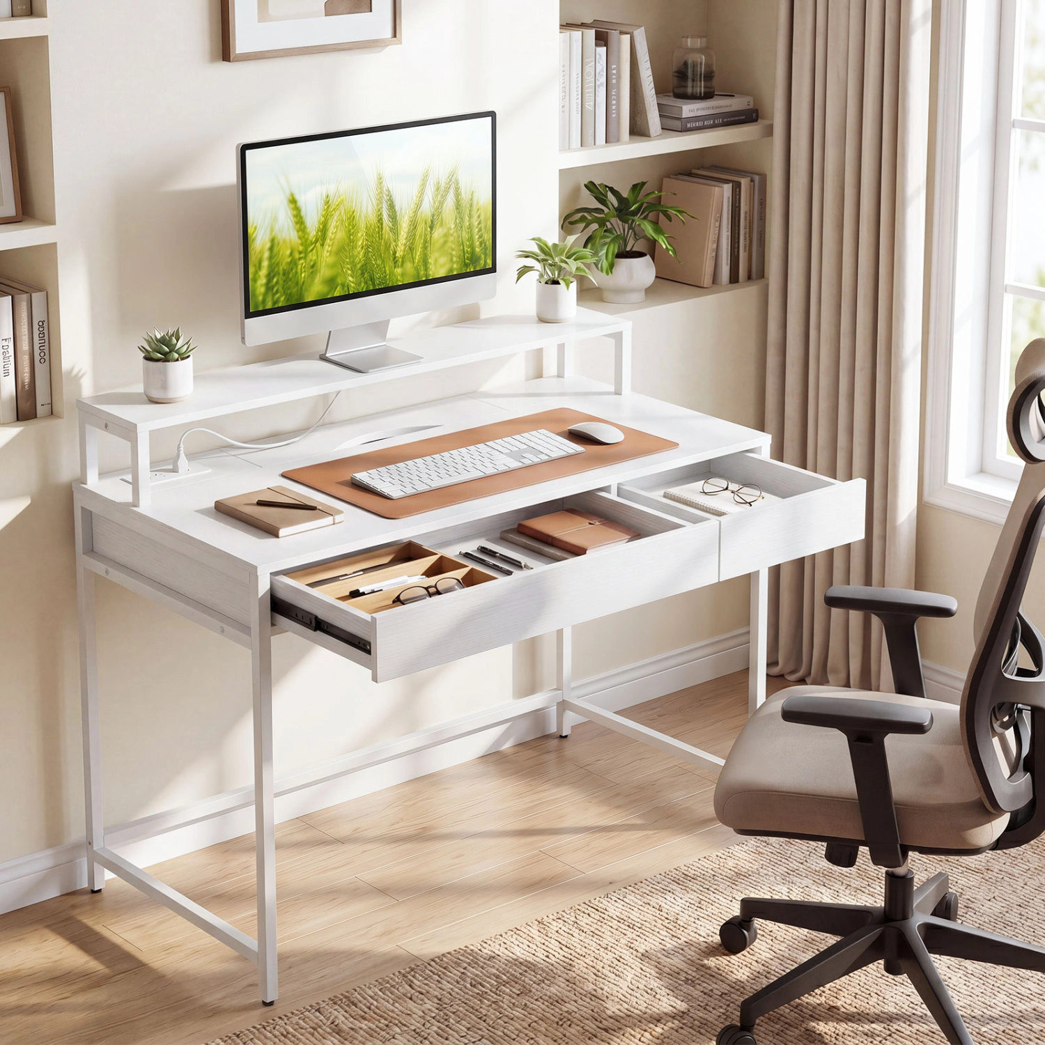 LJG Compact Office Desk with Removable Monitor Shelf and Dual-Use Drawer