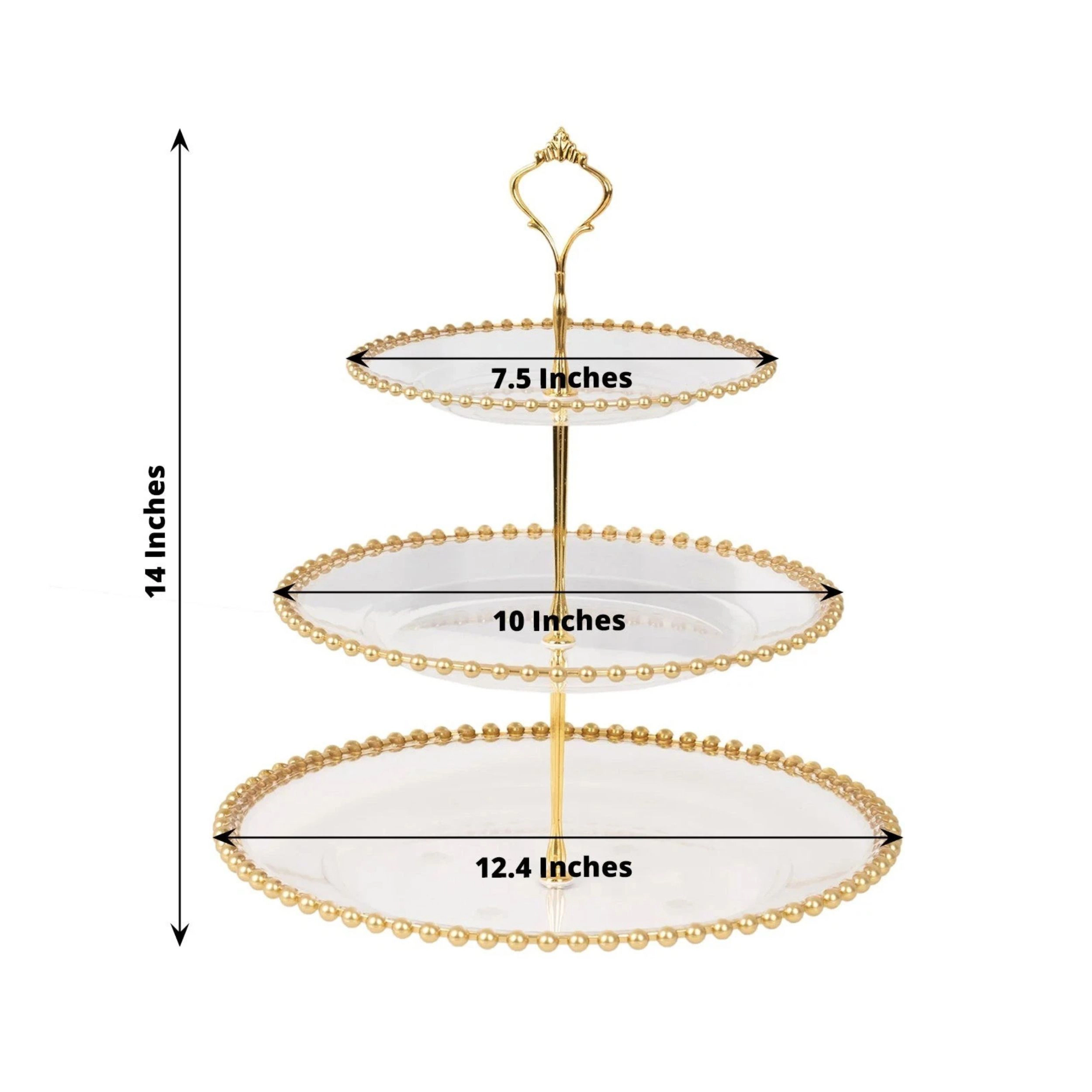 Home Collection 14-Inch 3-Tier Clear Plastic Cupcake Tower Stand with Gold Beaded Rim