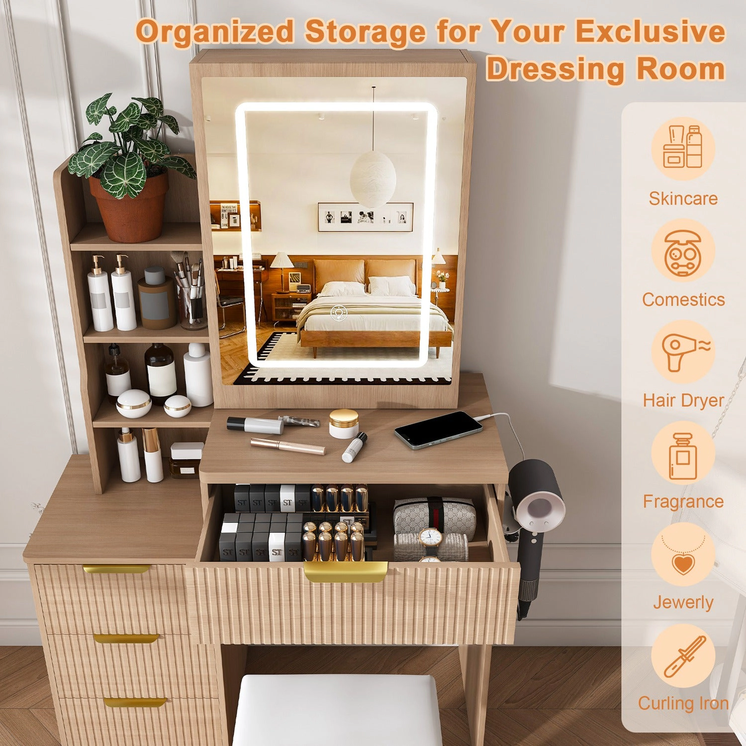 GBruno Lighted Vanity Desk Set With Stool And Storage