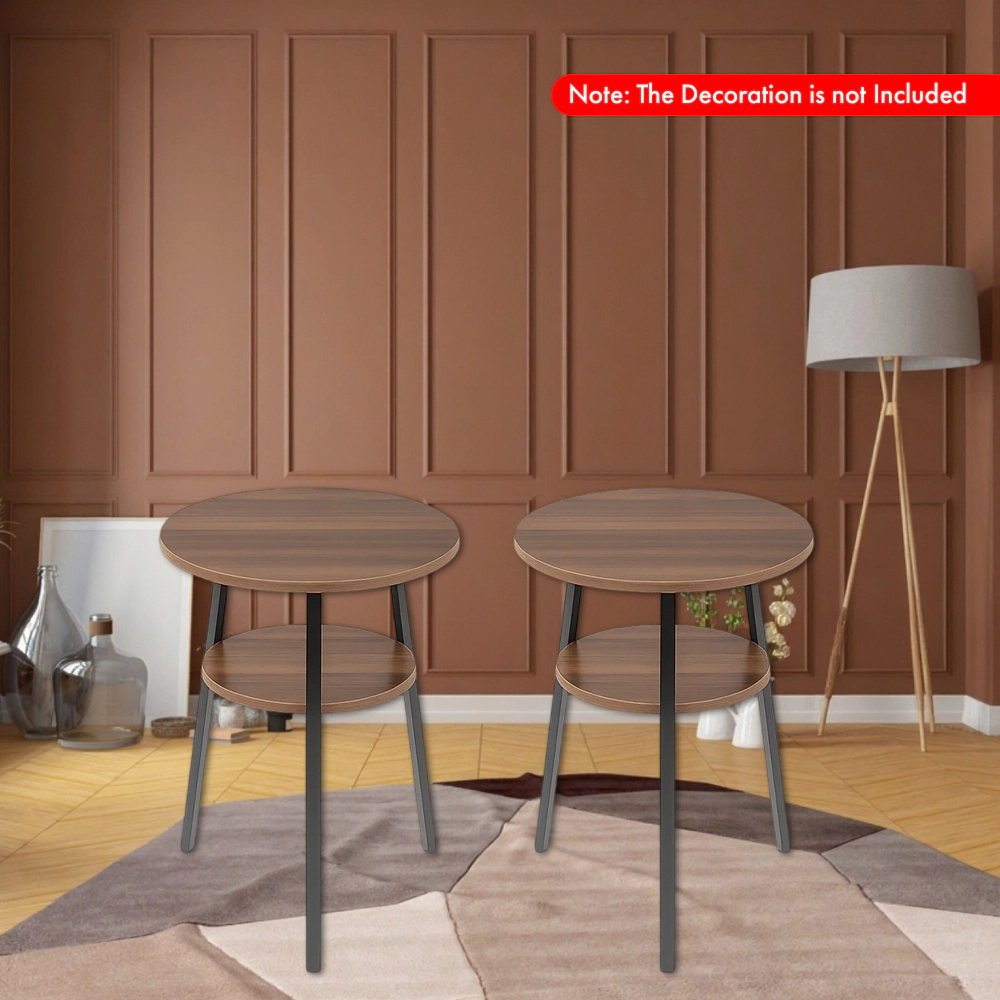 Hivvago Set of 2 Round Two-Tier Side Tables with Open Storage Shelf and Sturdy Triangular Metal Base
