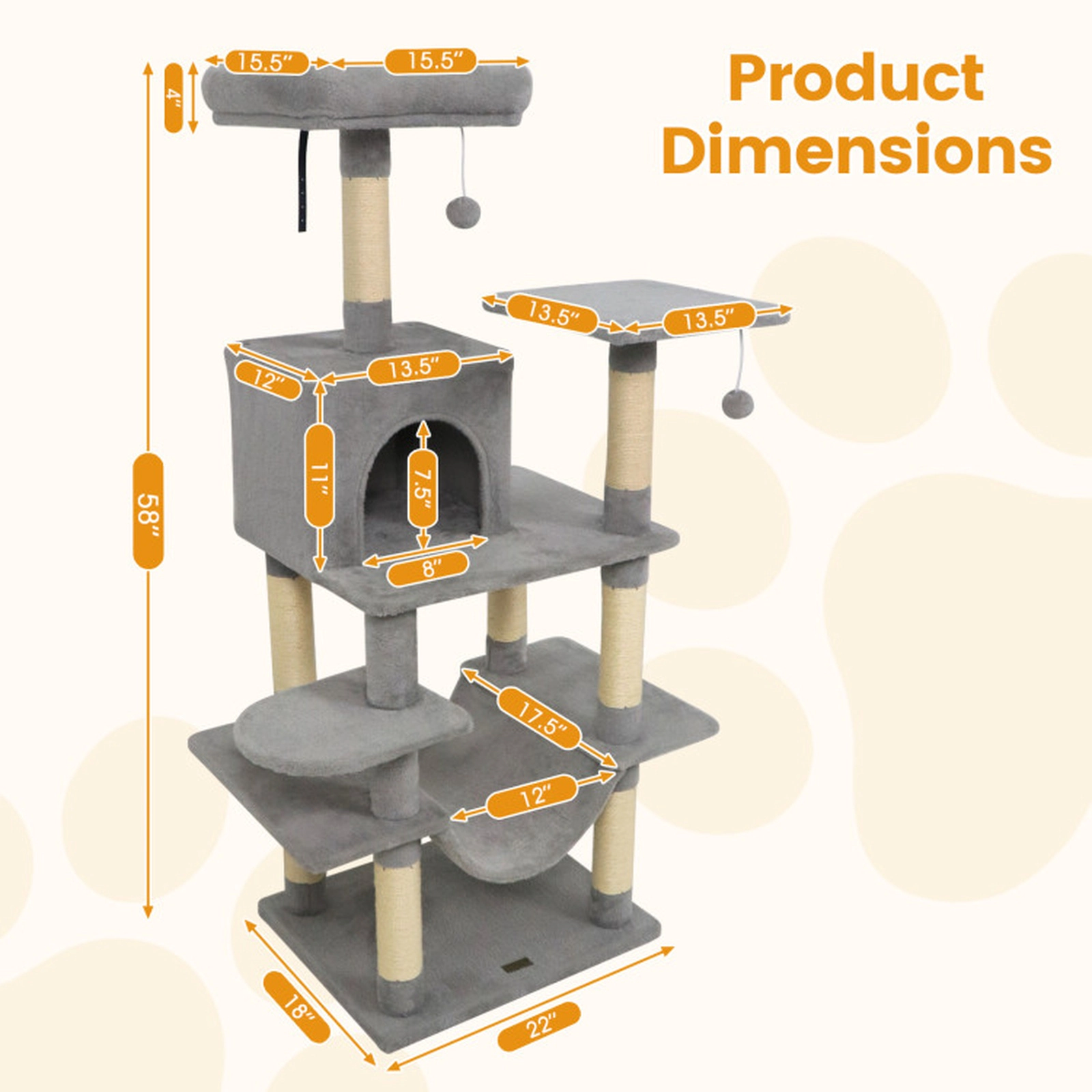 SUGIFT 58-in Light Gray Multi-Level Plush Cat Tree Tower with 14-in Padded Top Perch and Anti-Tip Device