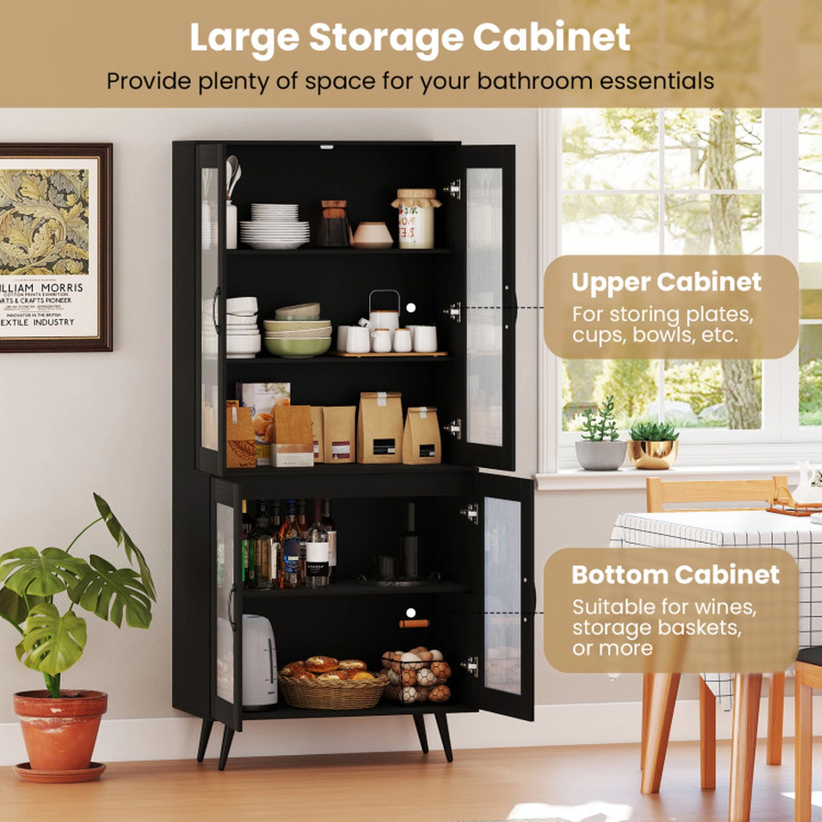SUGIFT Tall Kitchen Pantry Cabinet Cupboard Sideboard with 4 Transparent Doors Adjustable Shelves Black