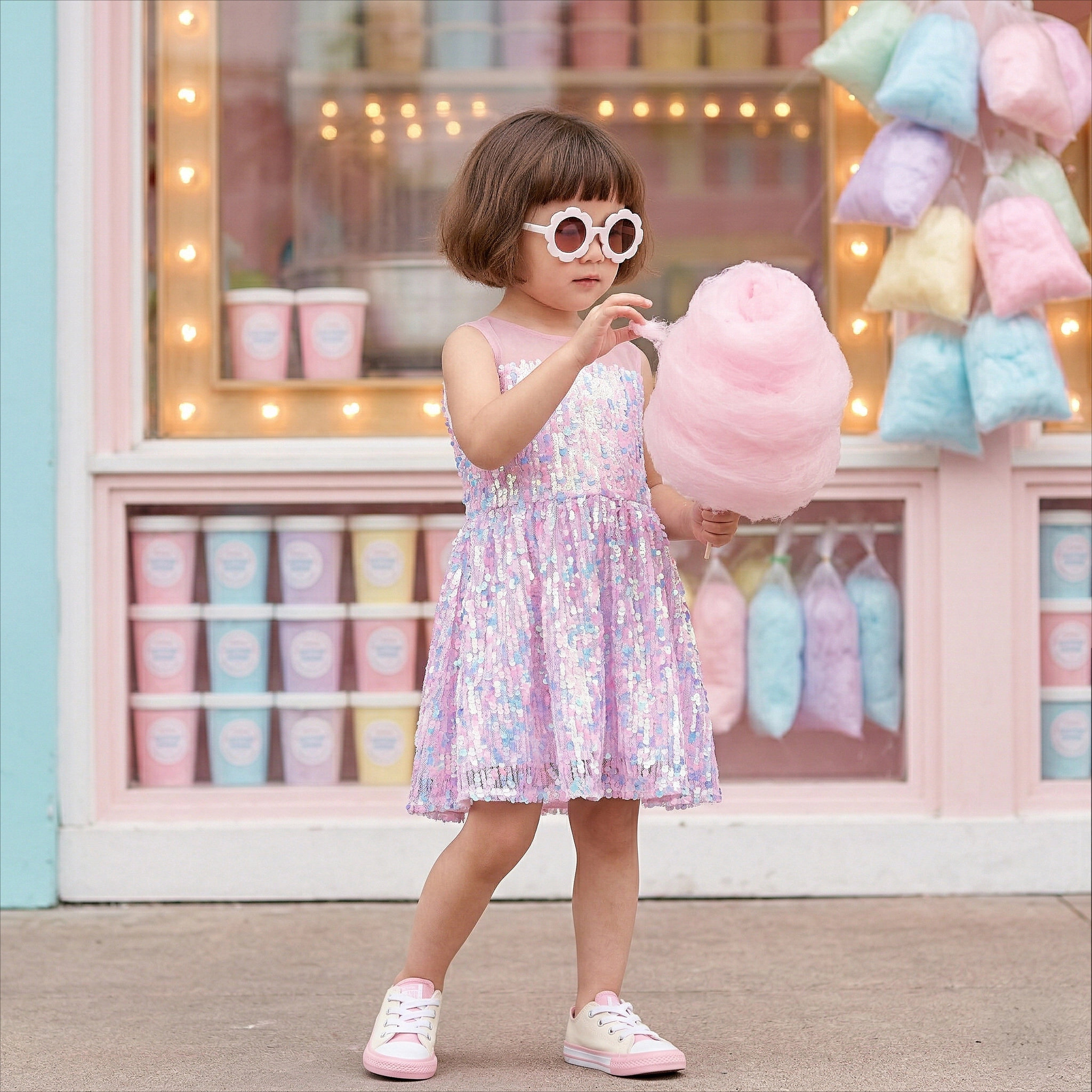 2Bunnies Girls' Pastel iridescent Sequin Illusion Neckline Sleeveless Dress