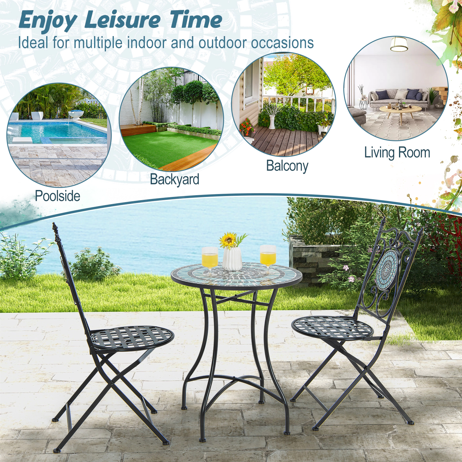 SUGIFT 24-In Round Patio Bistro Table with Ceramic Tile and Concrete Tabletop 110-Lb Capacity Blue