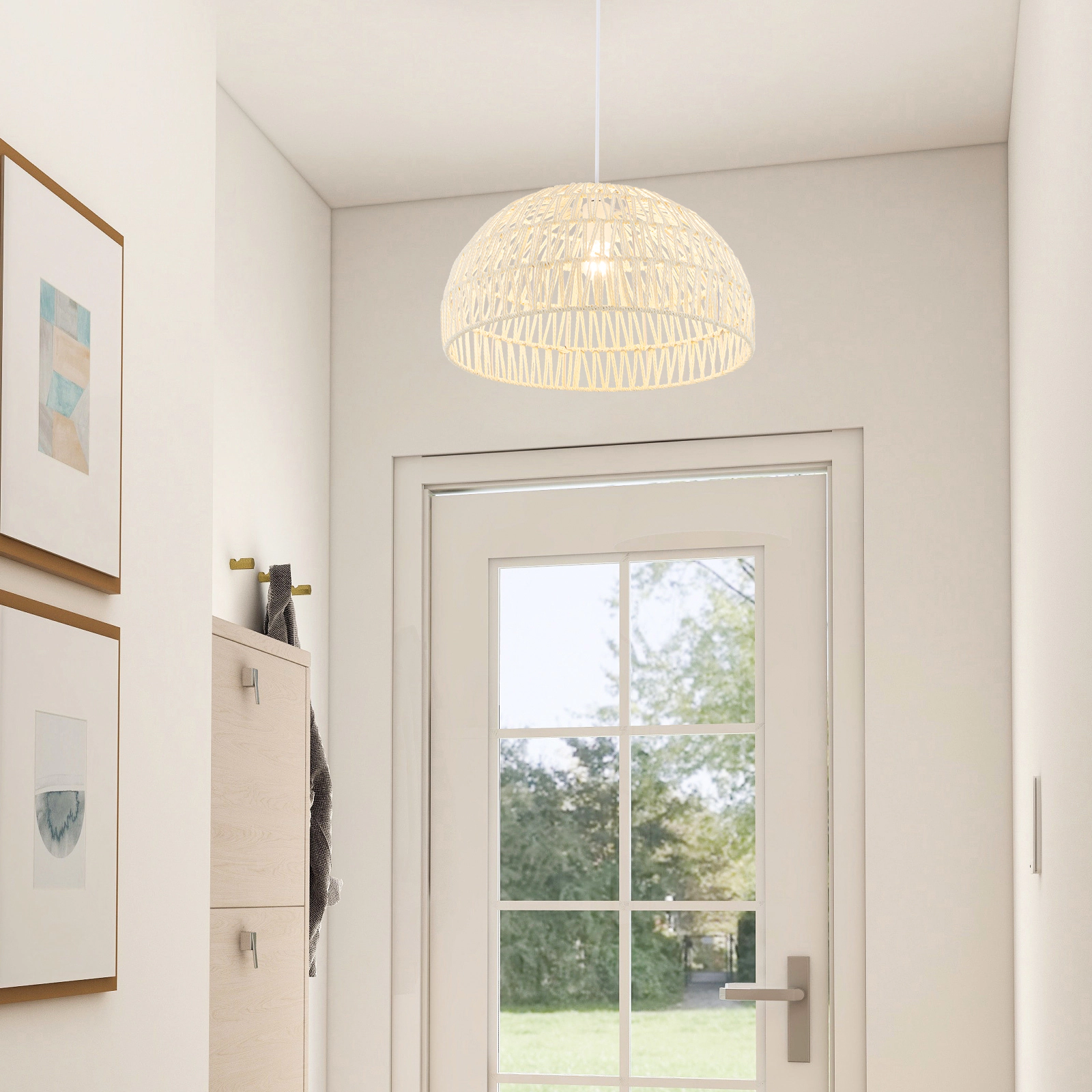 SUGIFT Hand-Woven Paper Farmhouse Pendant Light 17.5 x 10-in Lampshade 12-59-in Adjustable Rope E26 40W Max Beige