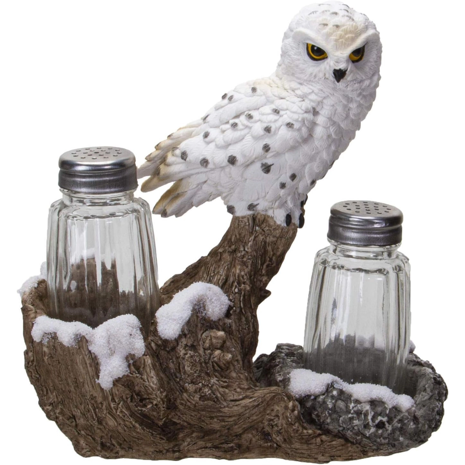 Pacific Giftware Snow White Owlet Owl On Snowy Branch Glass Salt Pepper Shakers with Holder