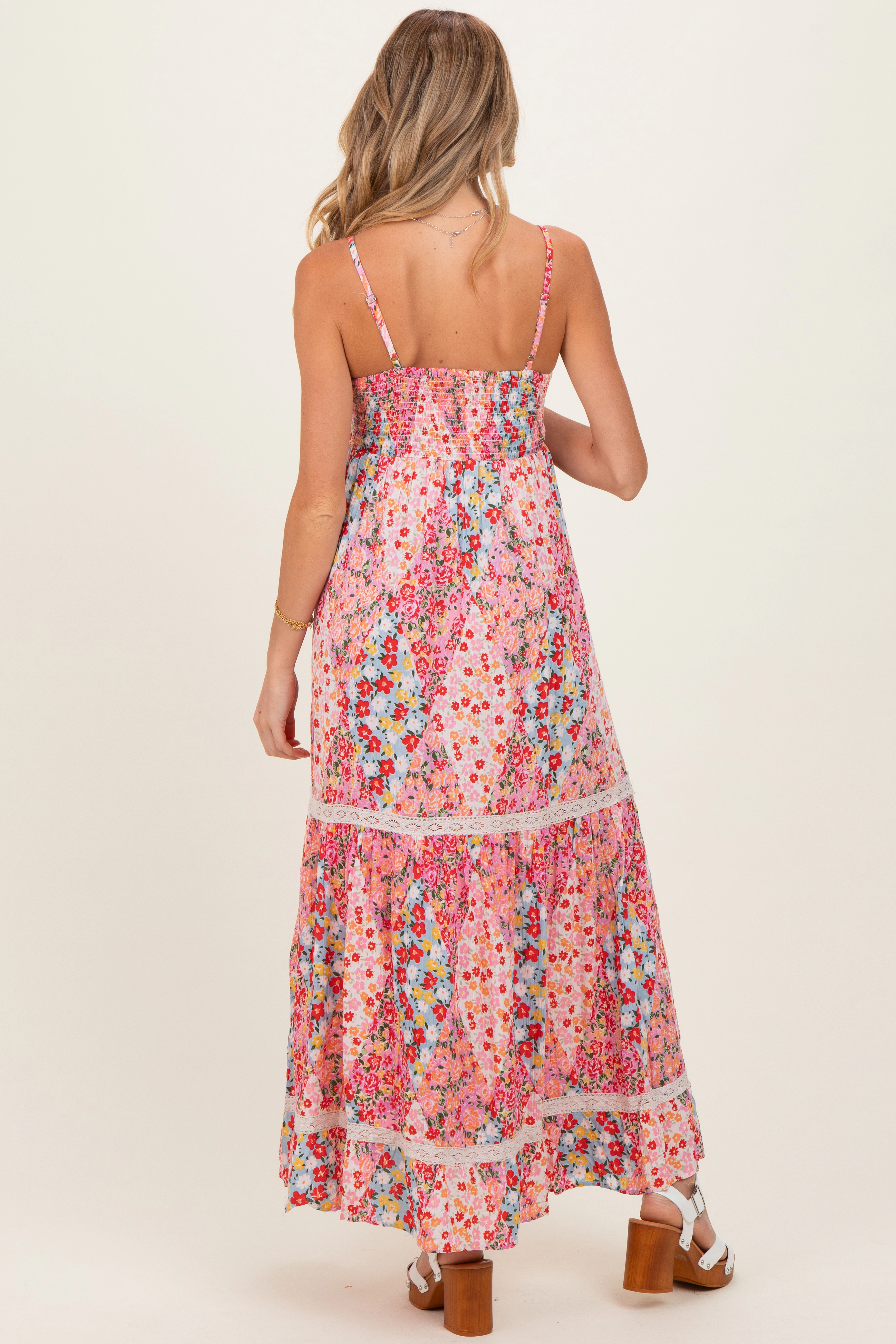PinkBlush Womens Pink Smocked Bust V Neck Lace Trim Maternity Maxi Dress