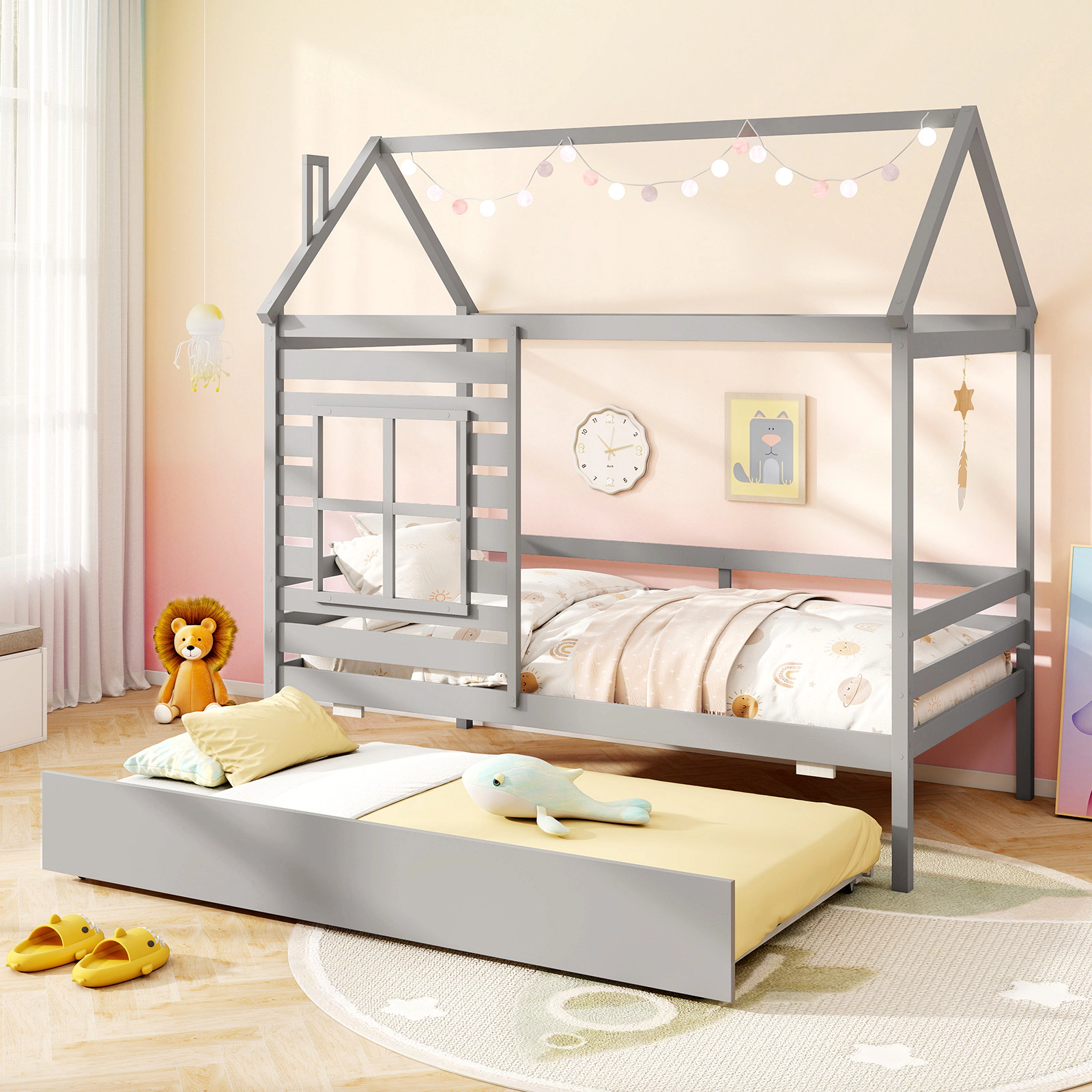 SUGIFT Twin House Bed with Trundle, Roof, Chimney, Window and Guardrails, Gray