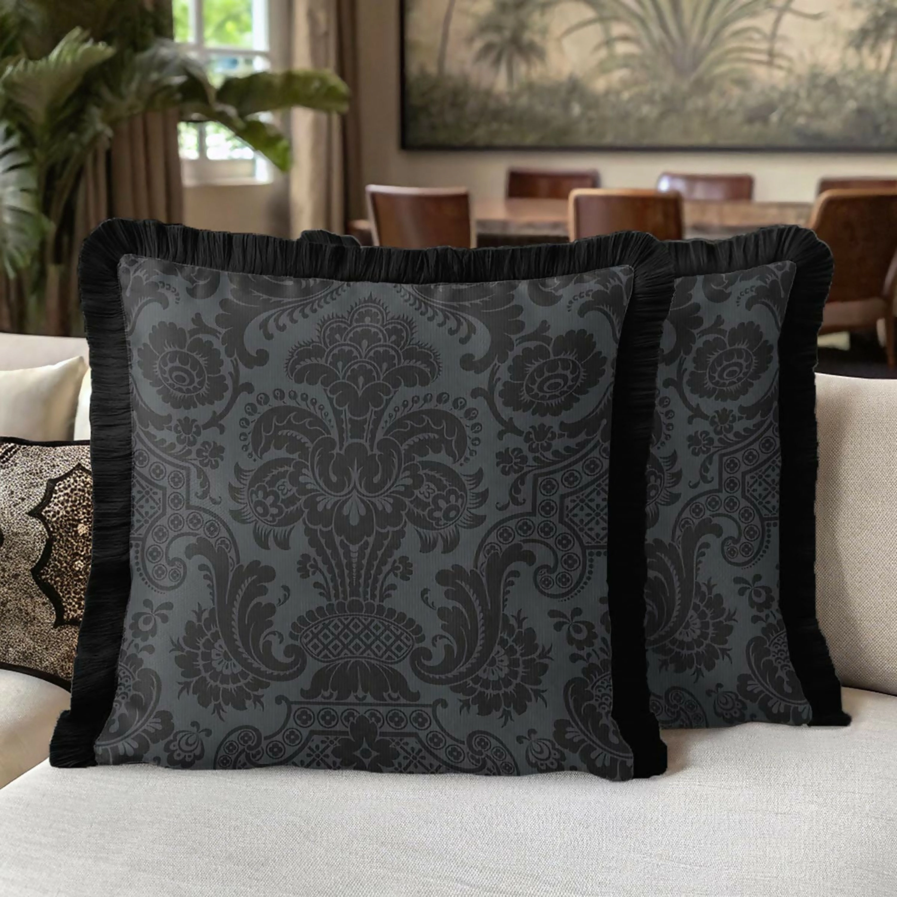 Wear Sierra Black Baroque Fringed Set of 2 Throw Pillow Cover