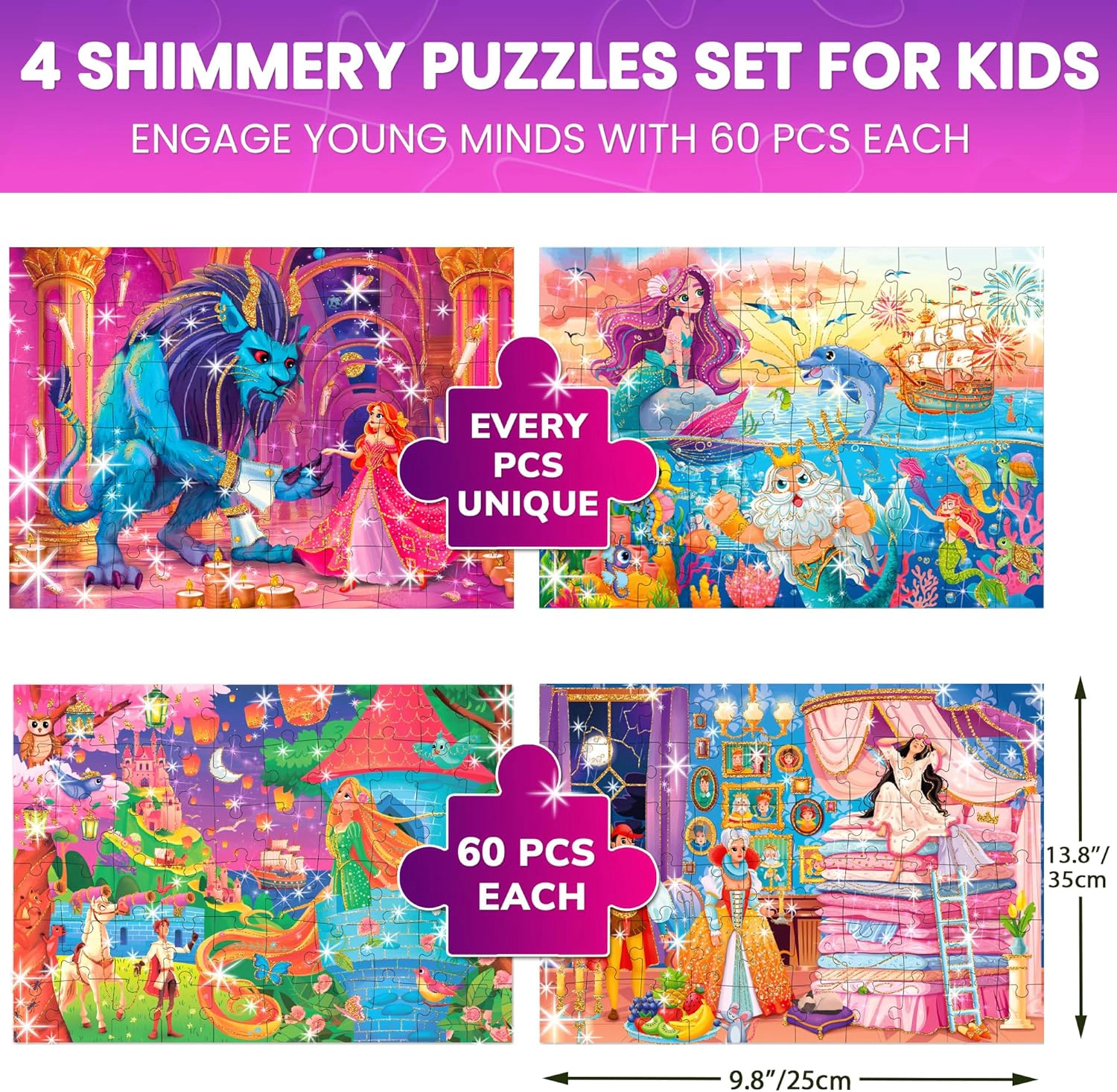 QUOKKA 4-Pack Glitter Effect Jigsaw Puzzles for Kids Ages 4–6, 60 Pieces Each, Fairy Tale Collection