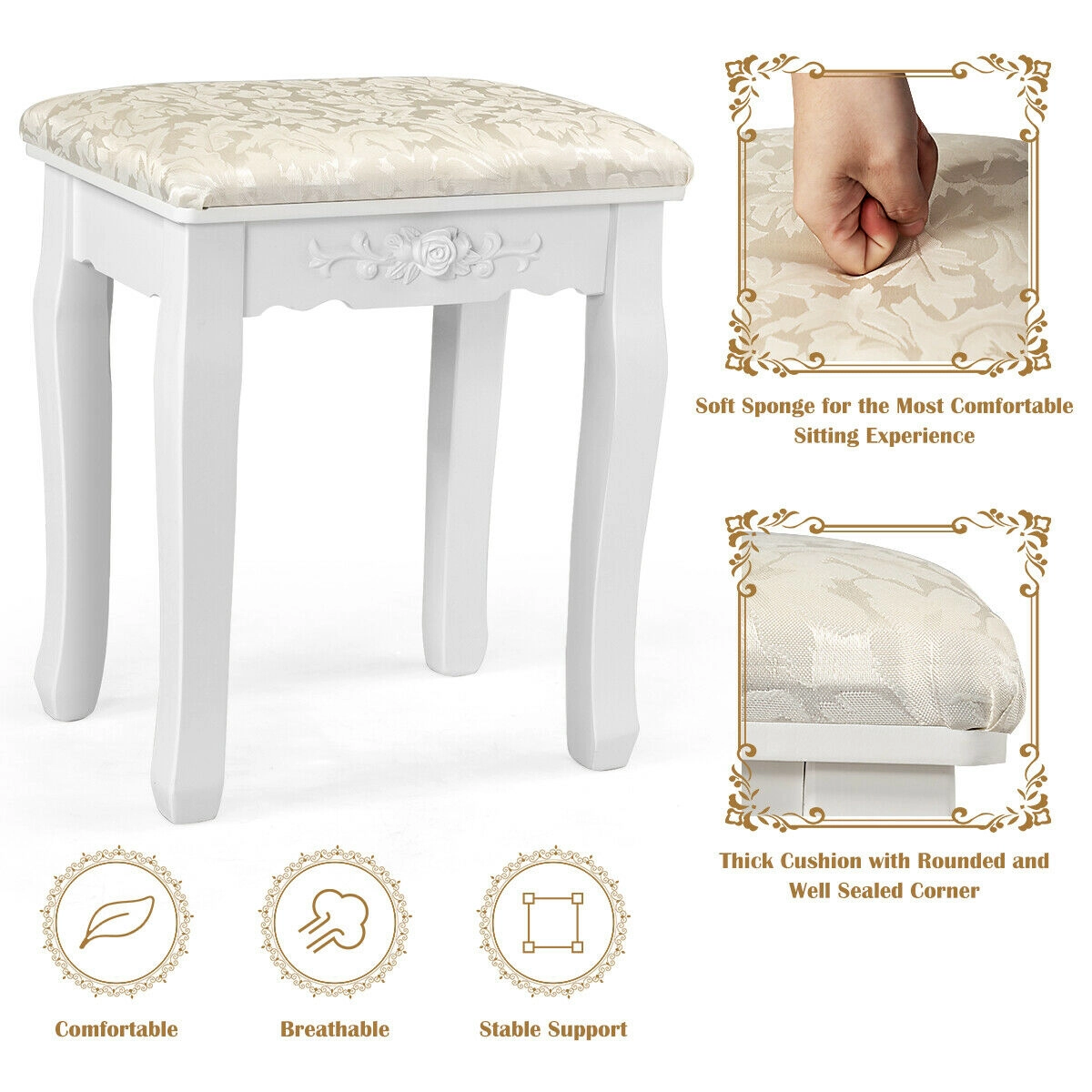 SUGIFT White 10 Dimmable Bulbs 4 Drawers and Cushioned Stool Makeup Vanity Dressing Table Set