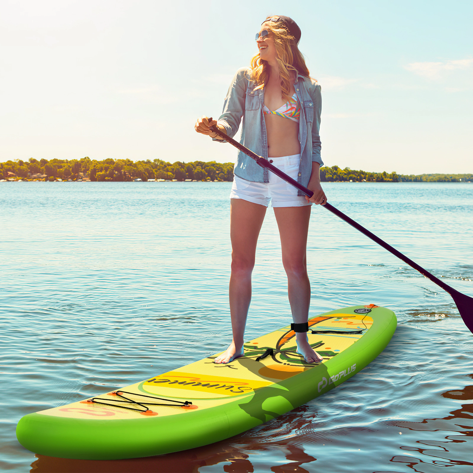 SUGIFT 10-ft 300-lb Capacity 500D PVC Inflatable Stand Up Paddle Board with 3 Fins Telescoping Paddle and Backpack