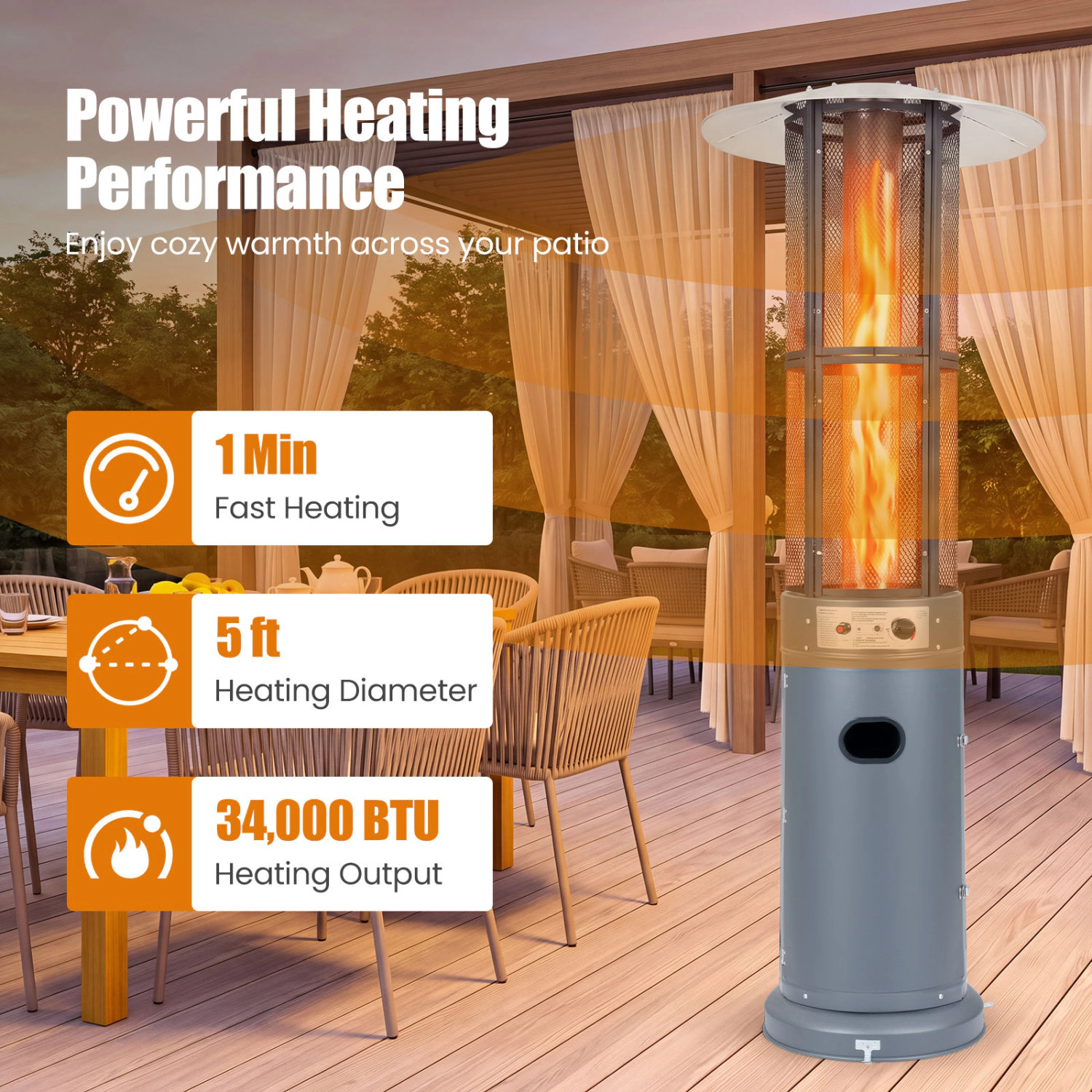 LJG Outdoor Propane Patio Heater with Glass Tube and Tilt-Over Protection