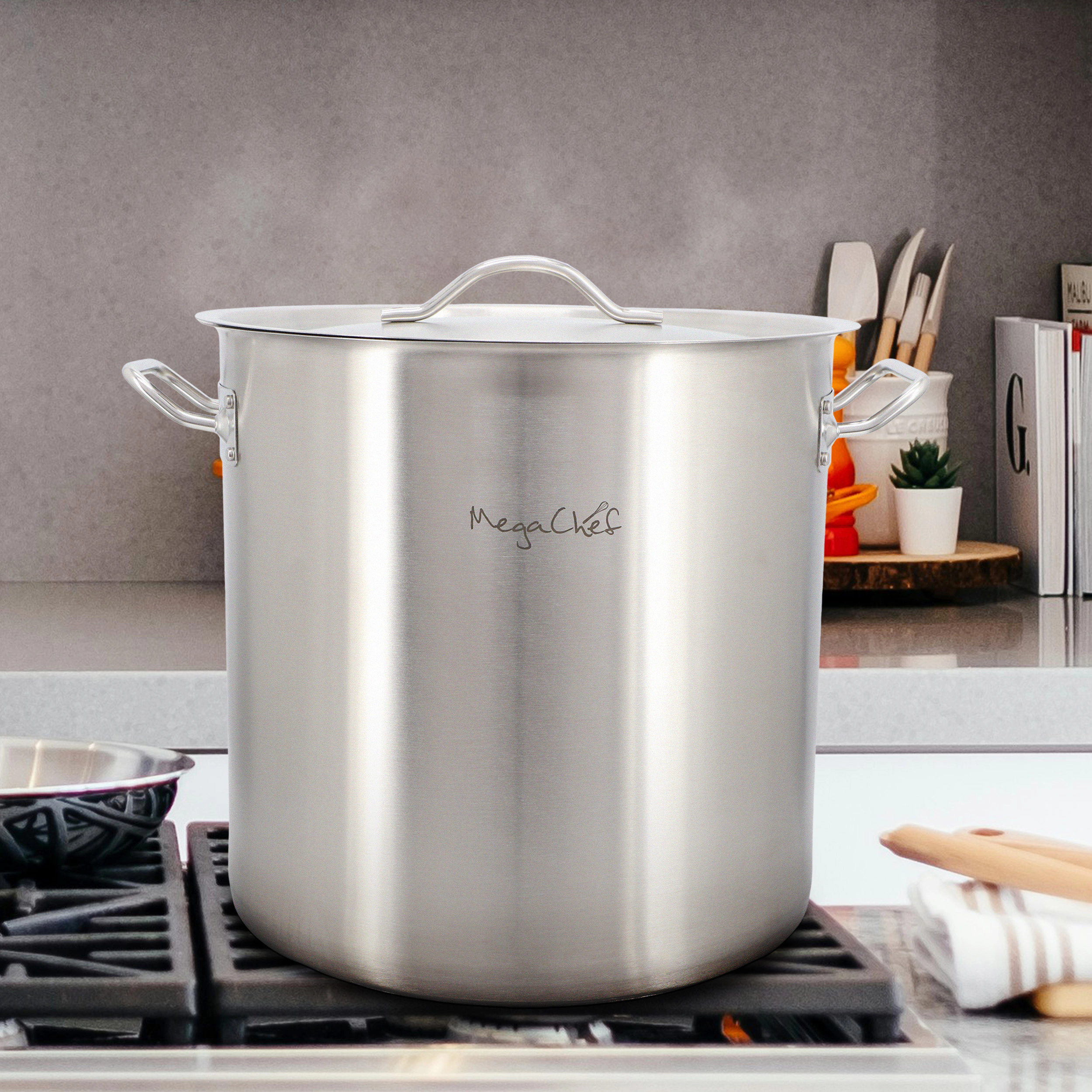 MegaChef Professional Kitchen 38.5 Quart Round Stainless Steel Stock Pot with Lid