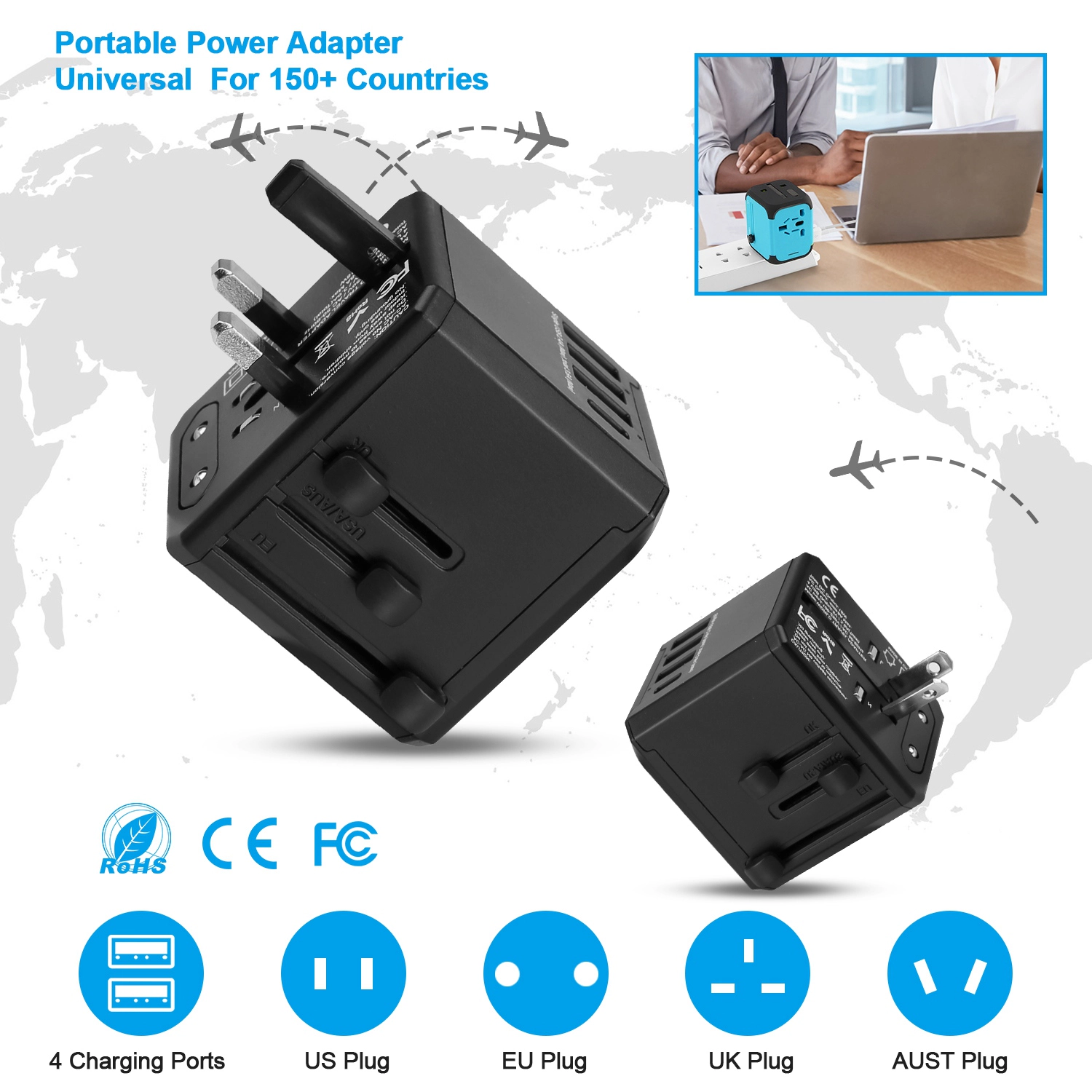 GBruno 4-Port International Travel Power Adapter
