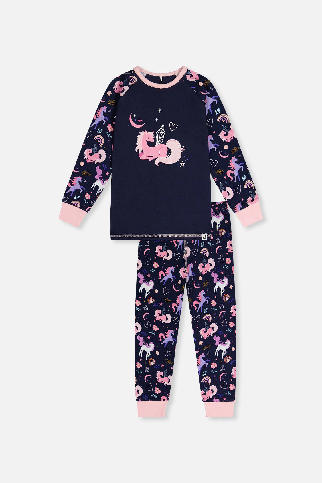 Deux par Girls Organic Cotton Unicorn Two Piece Pajama Set with Raglan Sleeve Top and Waist Pants